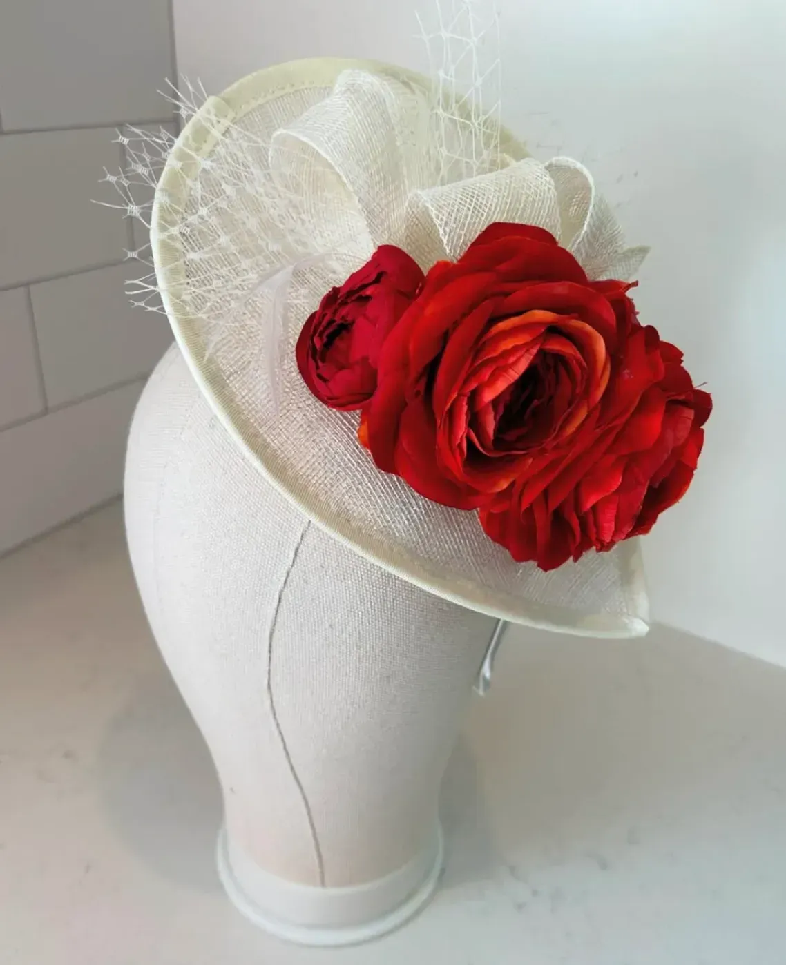 Ivory Teardrop Fascinator Hat with Red Roses and Veiling — handmade in Louisville, KY