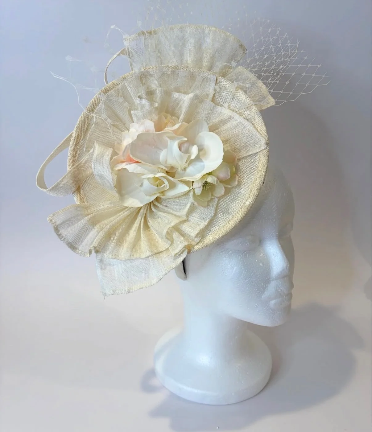 Ivory Wedding Fascinator with Blush Peony and Birdcage Veil — handmade in Louisville, KY