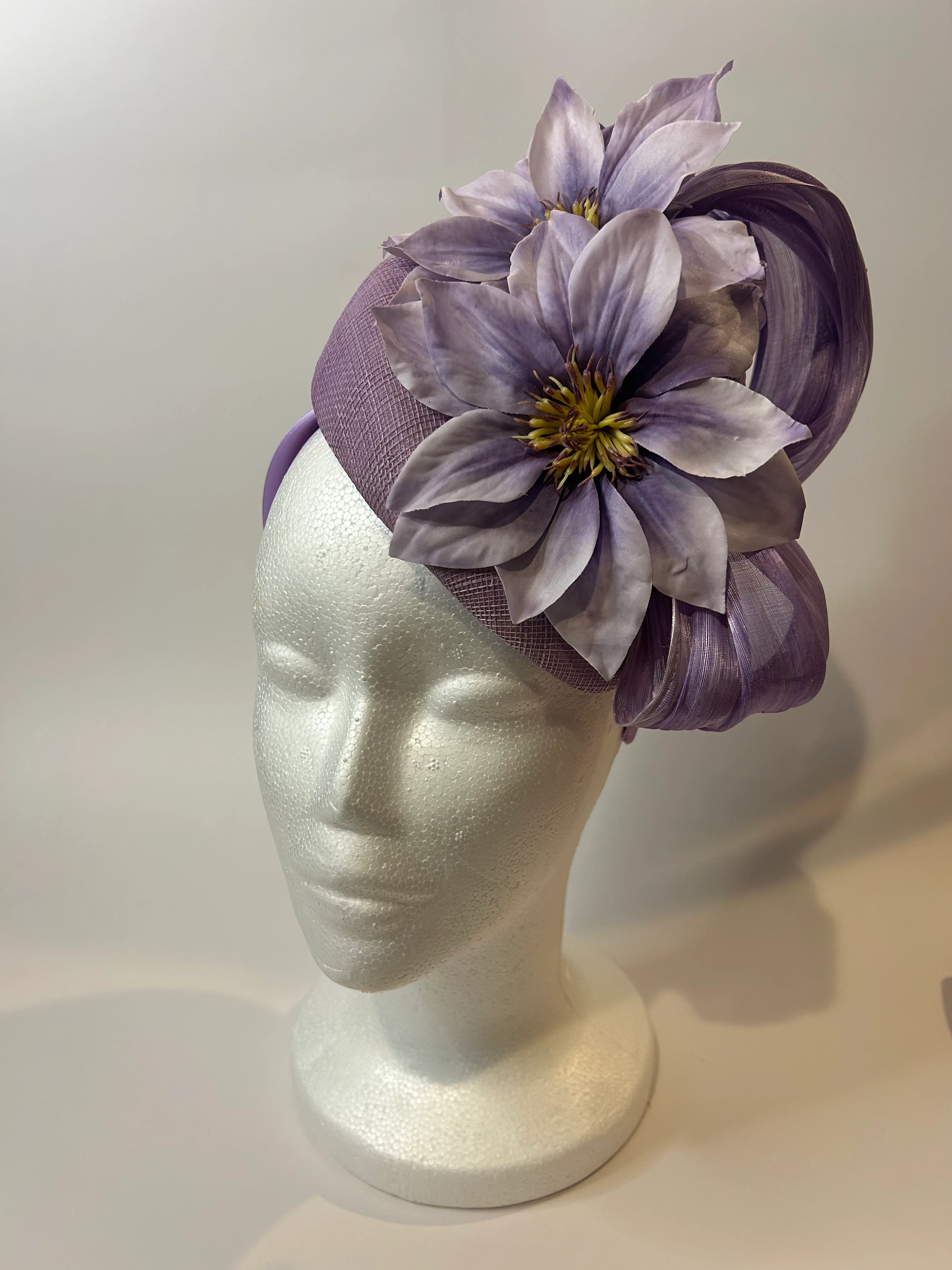 Lavender Pillbox Fascinator Hat with Clematis and Curls — handmade in Louisville, KY