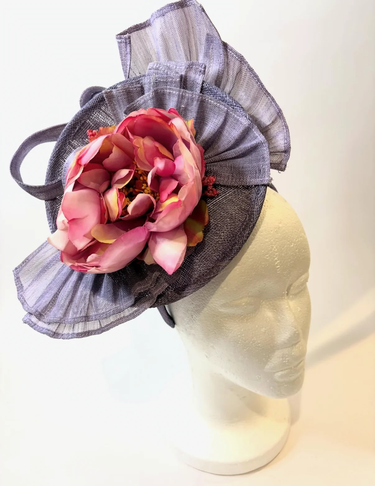 Lavender Saucer Fascinator Hat with Coral Peony and Ruffle — handmade in Louisville, KY
