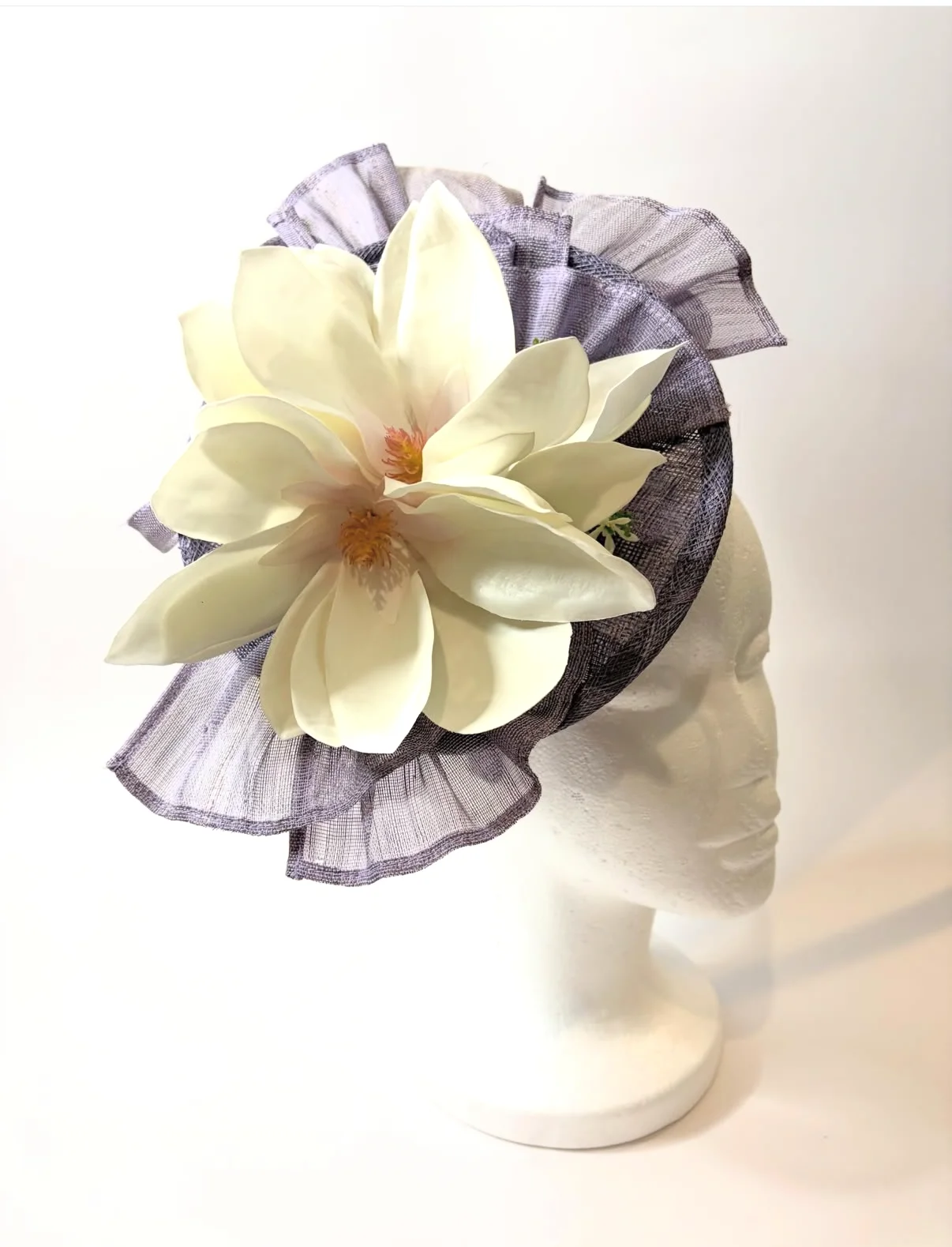 Lavender Saucer Fascinator Hat with Cream Magnolia and Ruffle — handmade in Louisville, KY