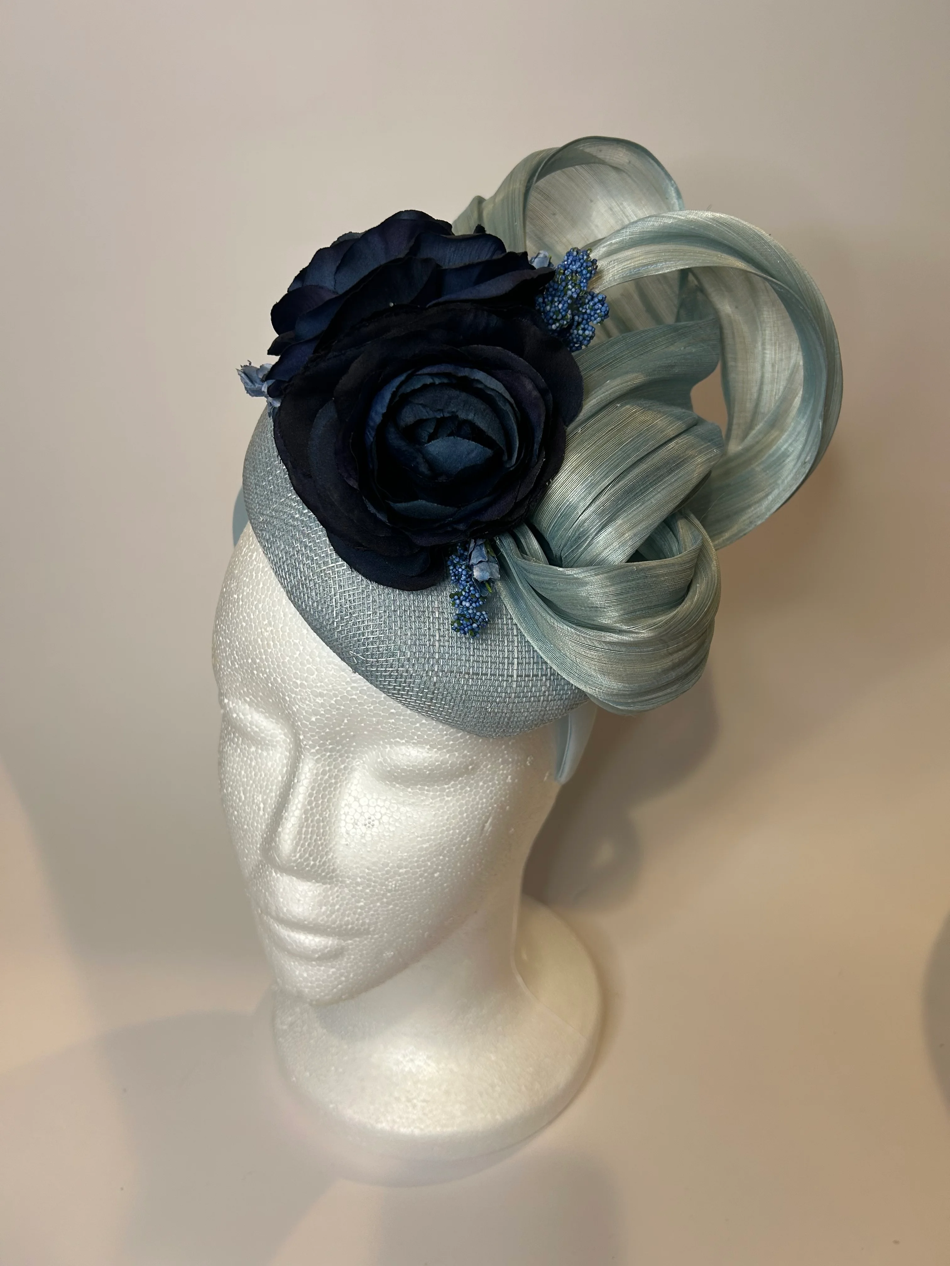 Light Blue Pillbox Fascinator Hat with Navy Rose and Curls — handmade in Louisville, KY