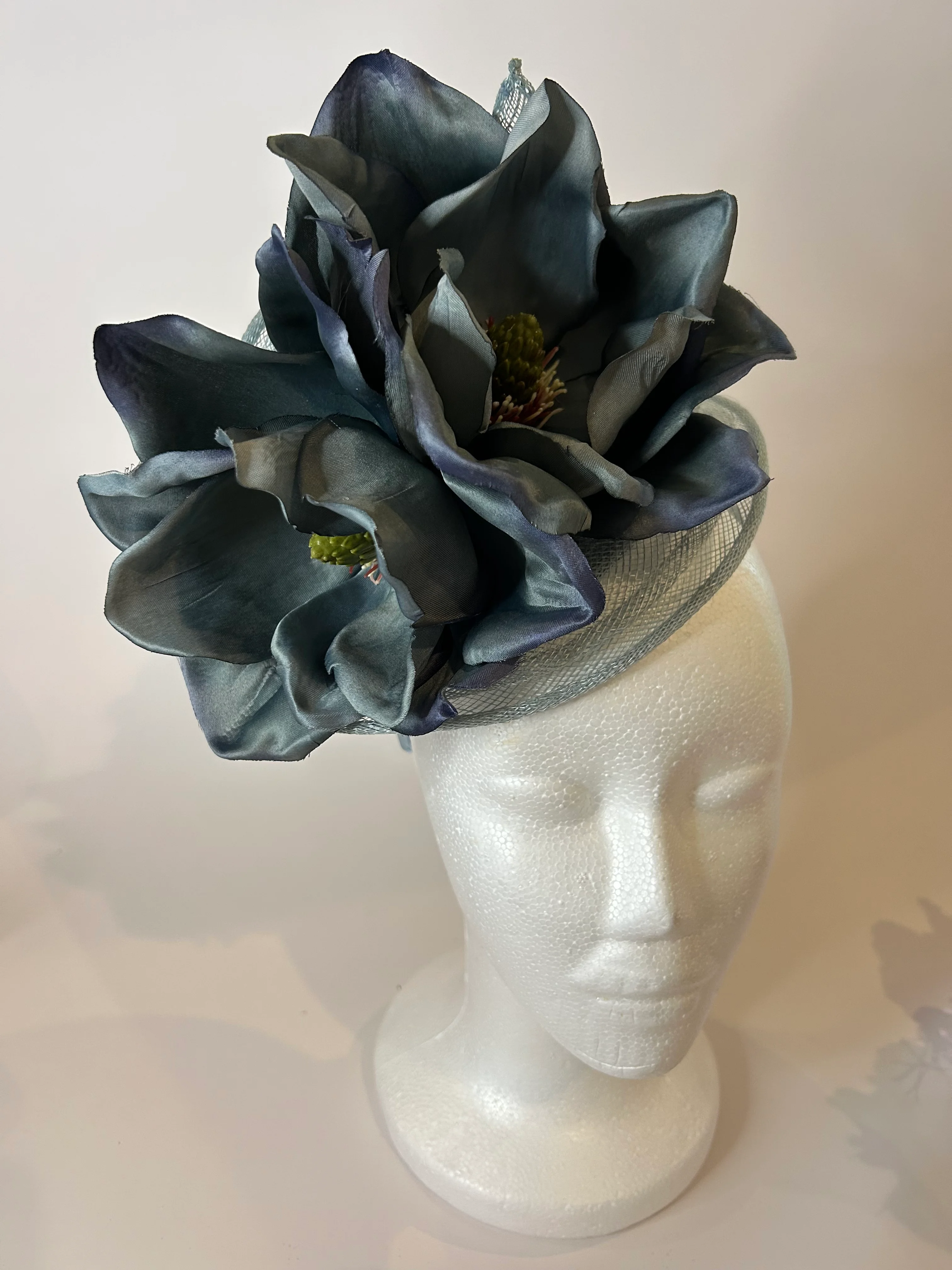 Light Blue Saucer Fascinator Hat with Blue Magnolia Blooms — handmade in Louisville, KY