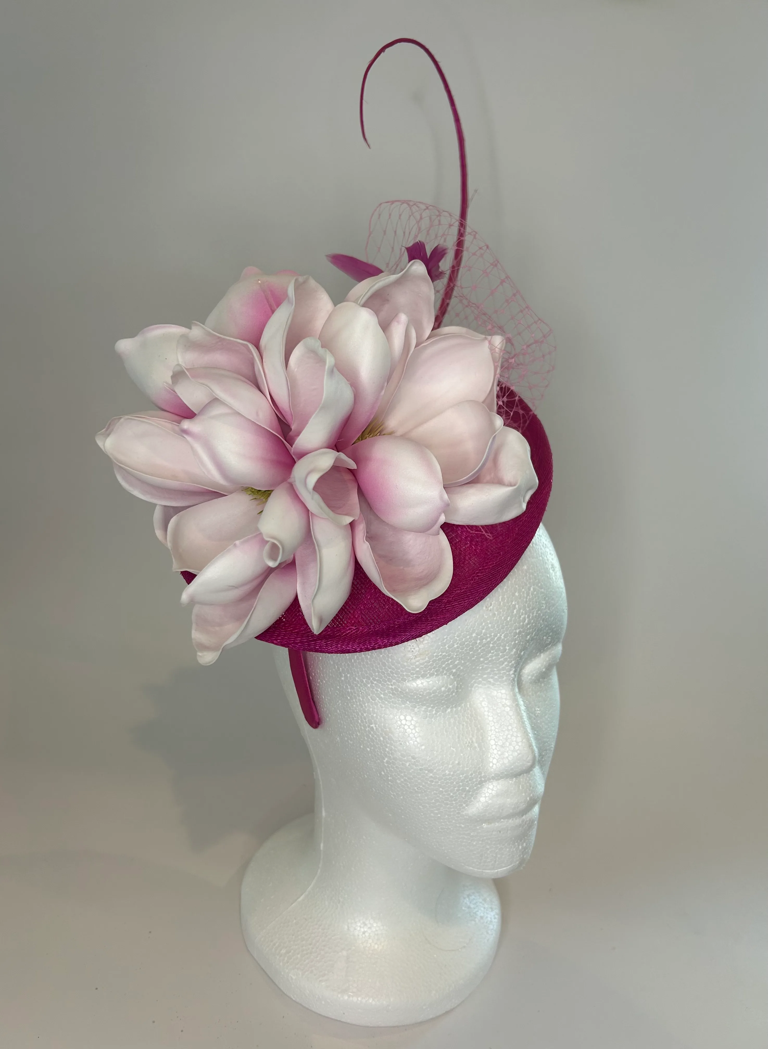 Magenta Saucer Fascinator Hat with Blush Magnolia and Quill — handmade in Louisville, KY