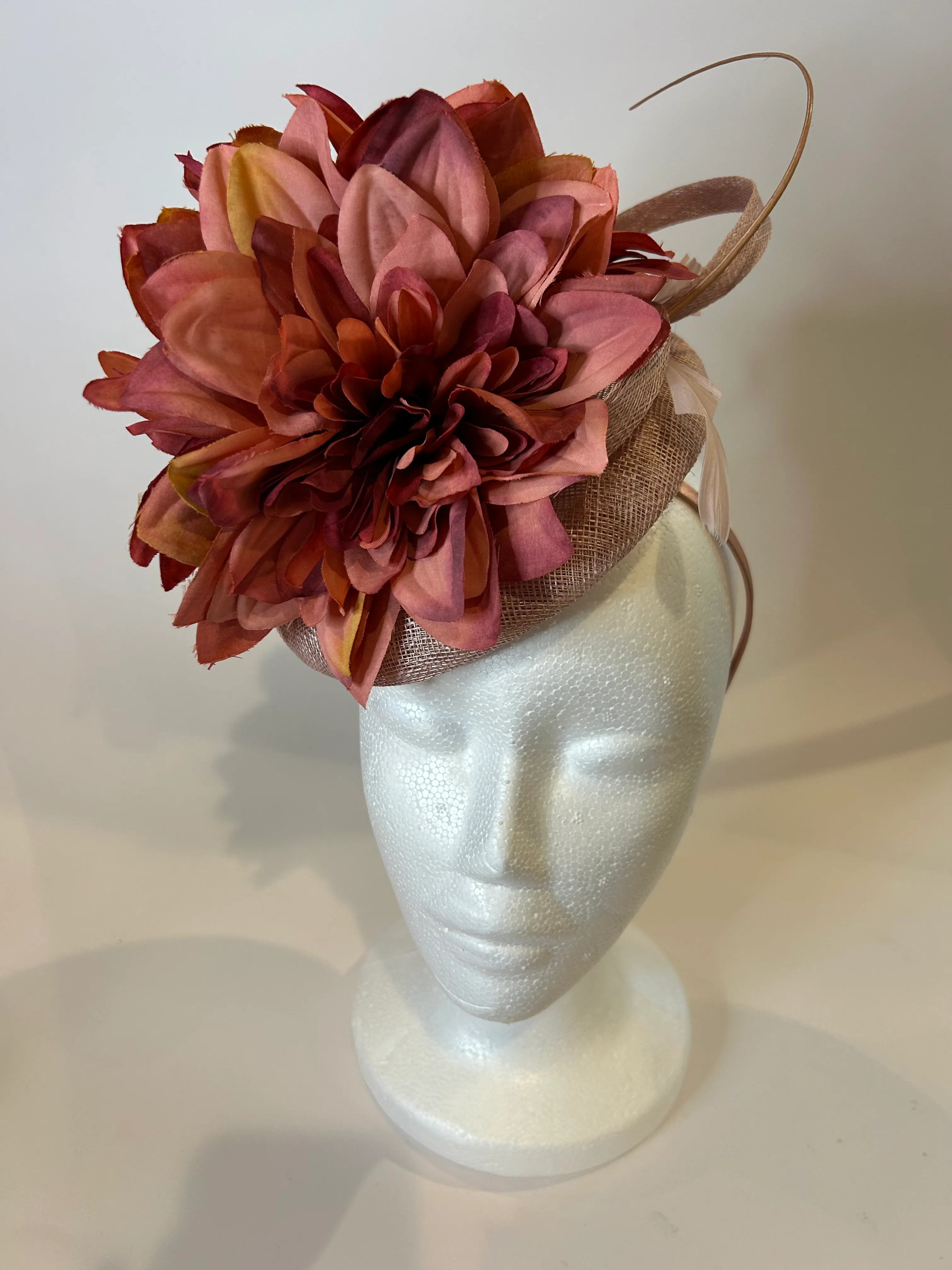 Mauve Pillbox Fascinator Hat with Dahlia and Quill — handmade in Louisville, KY