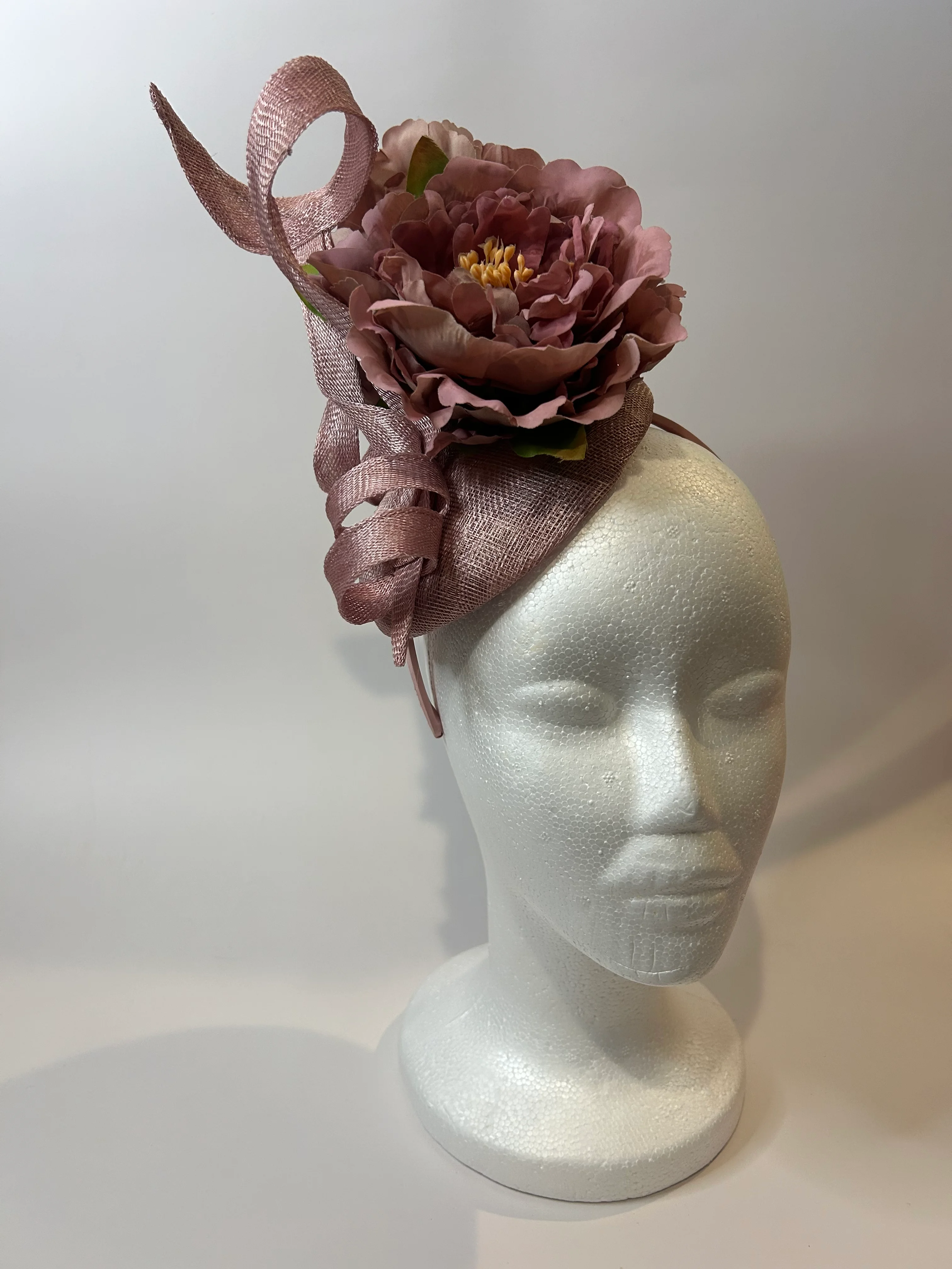 Mauve Pillbox Fascinator Hat with Peony and Curls — handmade in Louisville, KY