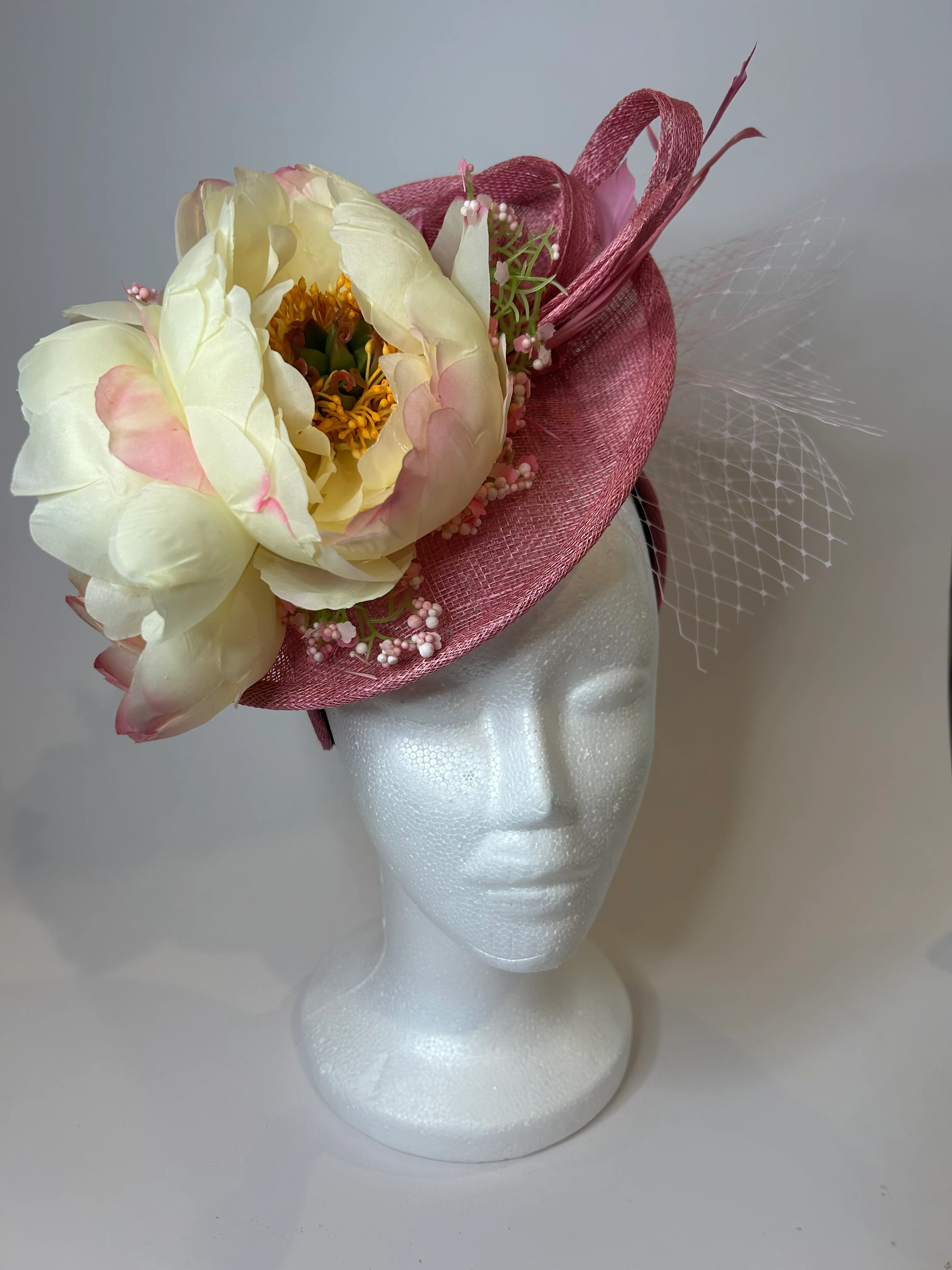 Mauve Saucer Fascinator Hat with Ivory Peony and Netting — handmade in Louisville, KY