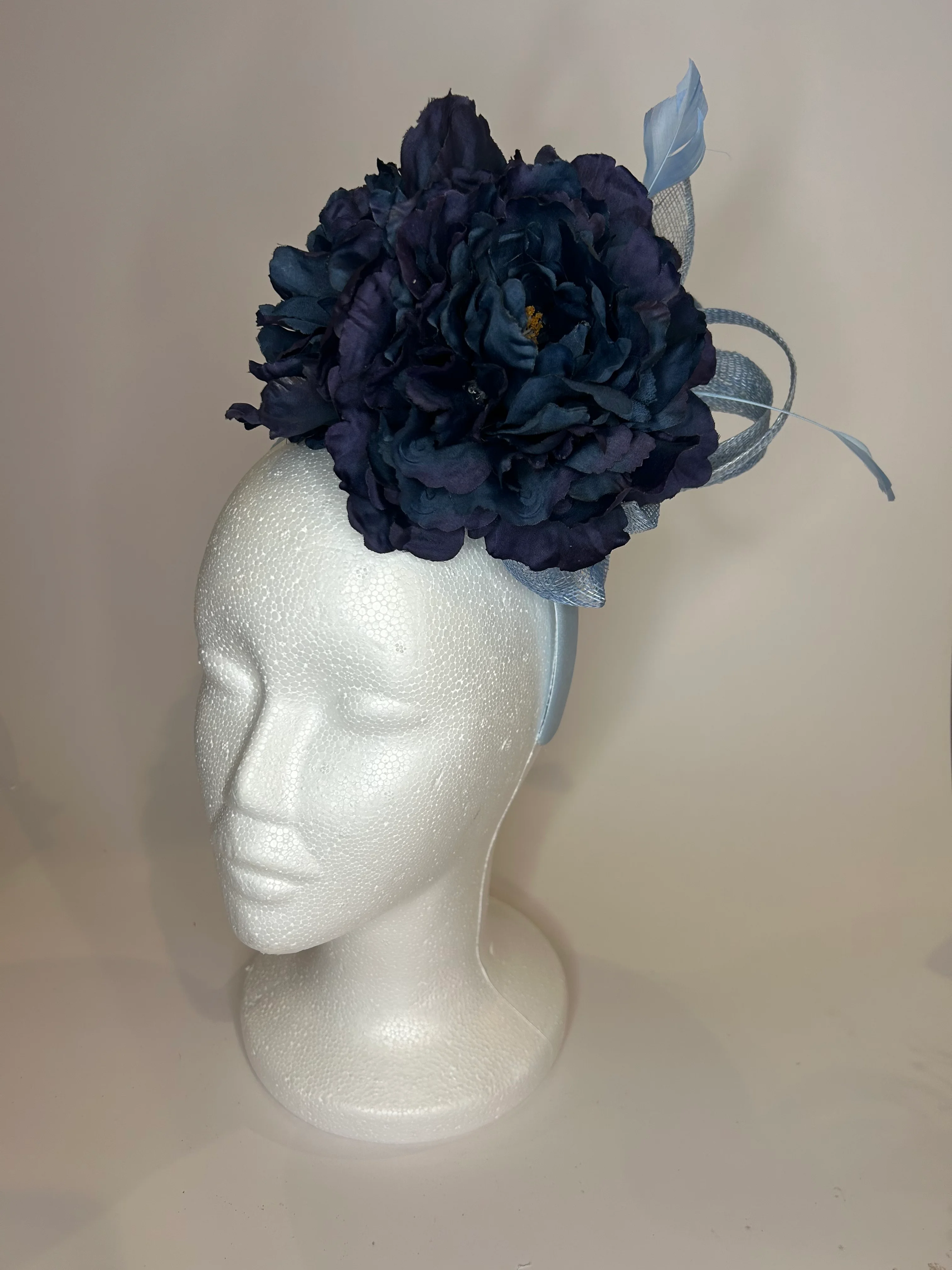 Navy Fascinator Headband with Peony and Light Blue Feathers — handmade in Louisville, KY