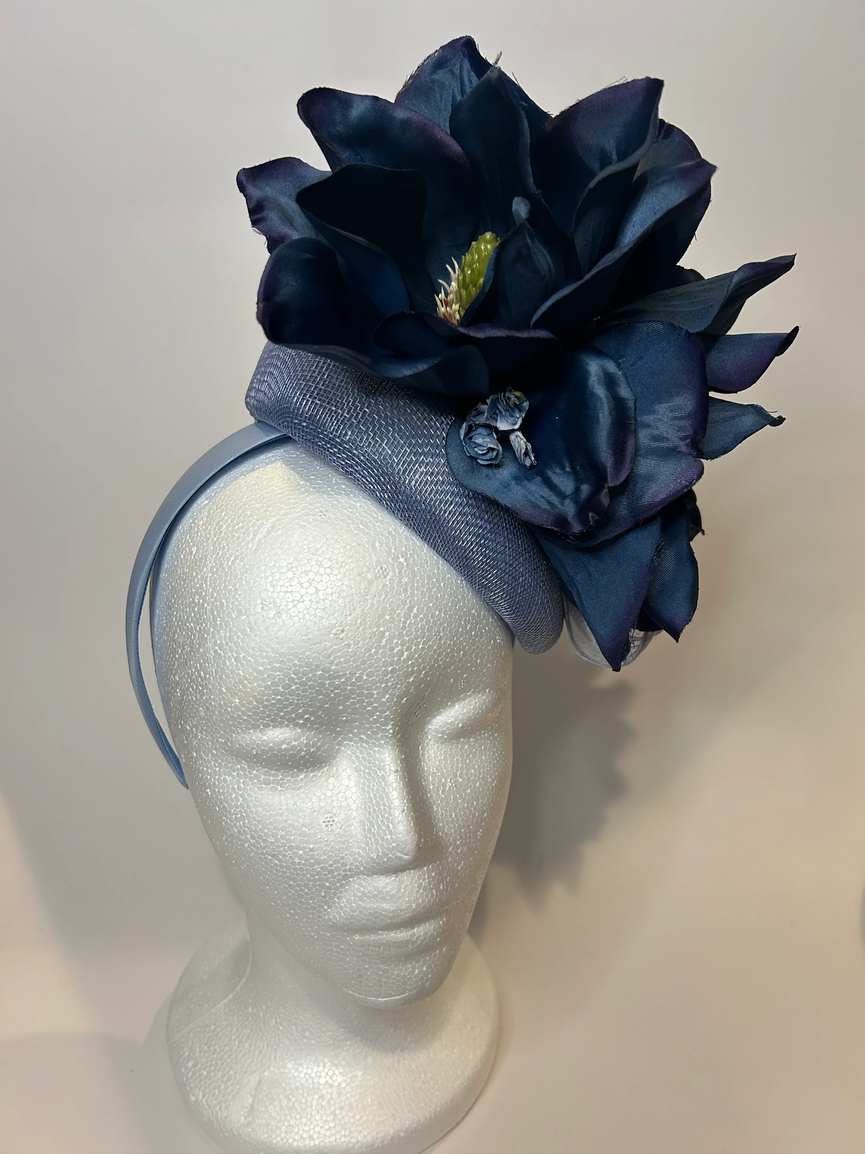 Navy Pillbox Fascinator Hat with Magnolia Bloom — handmade in Louisville, KY