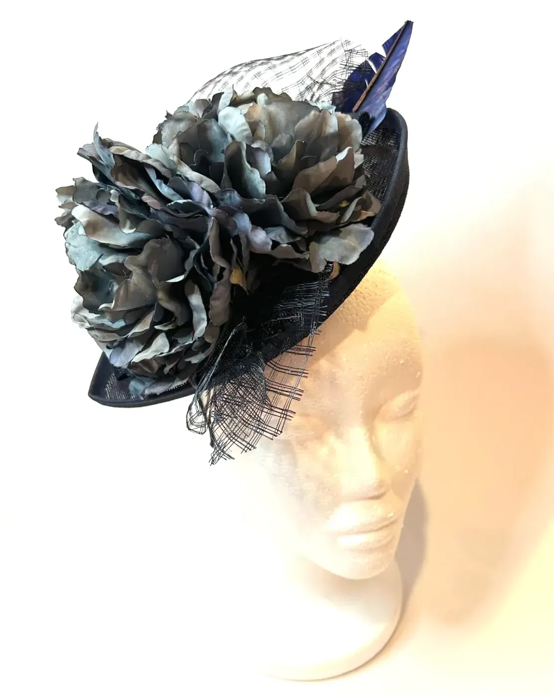 Blue Pillbox Fascinator Hat with Navy Roses and Veil  display picture 3