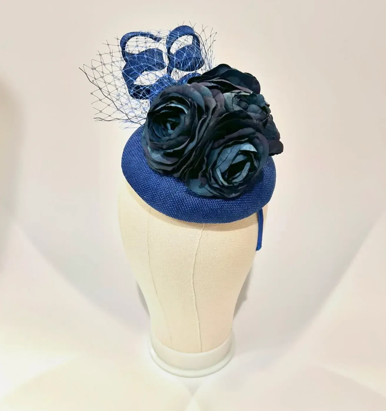 Navy Pillbox Fascinator Hat with Roses and Netting — handmade in Louisville, KY