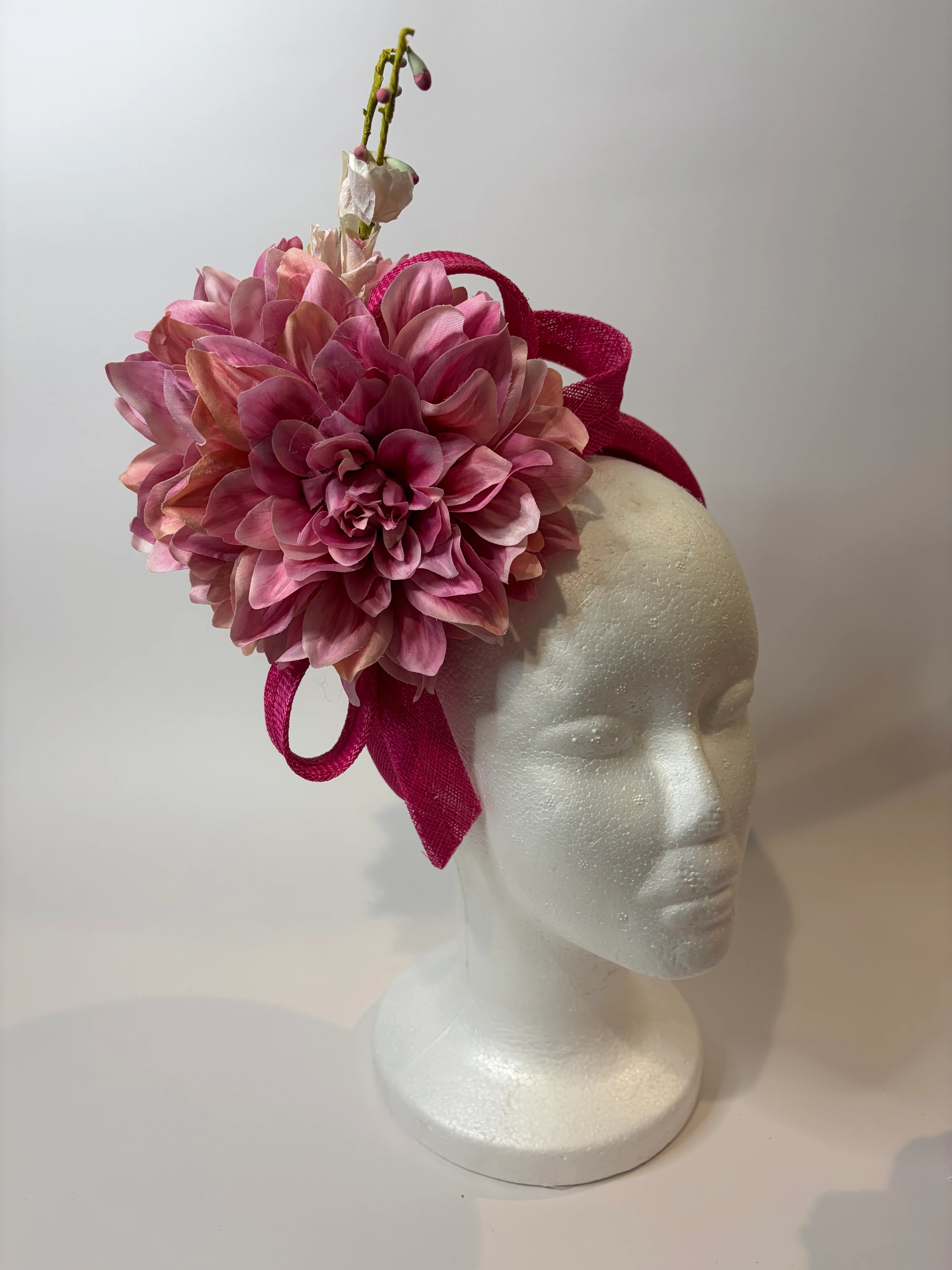 Pink Fascinator Headband with Dahlia and Blossoms — handmade in Louisville, KY