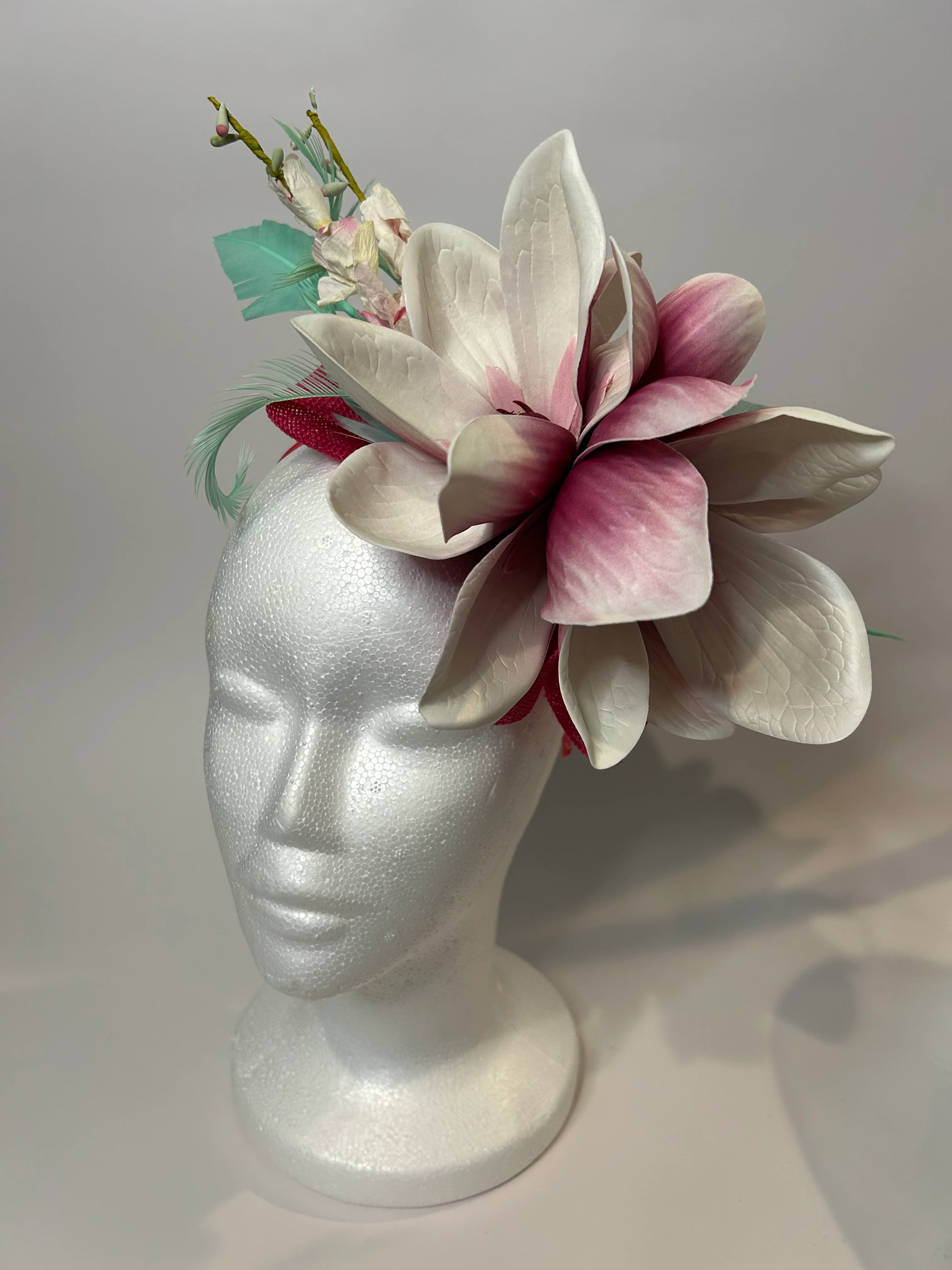 Pink Fascinator Headband with Magnolia and Feathers — handmade in Louisville, KY