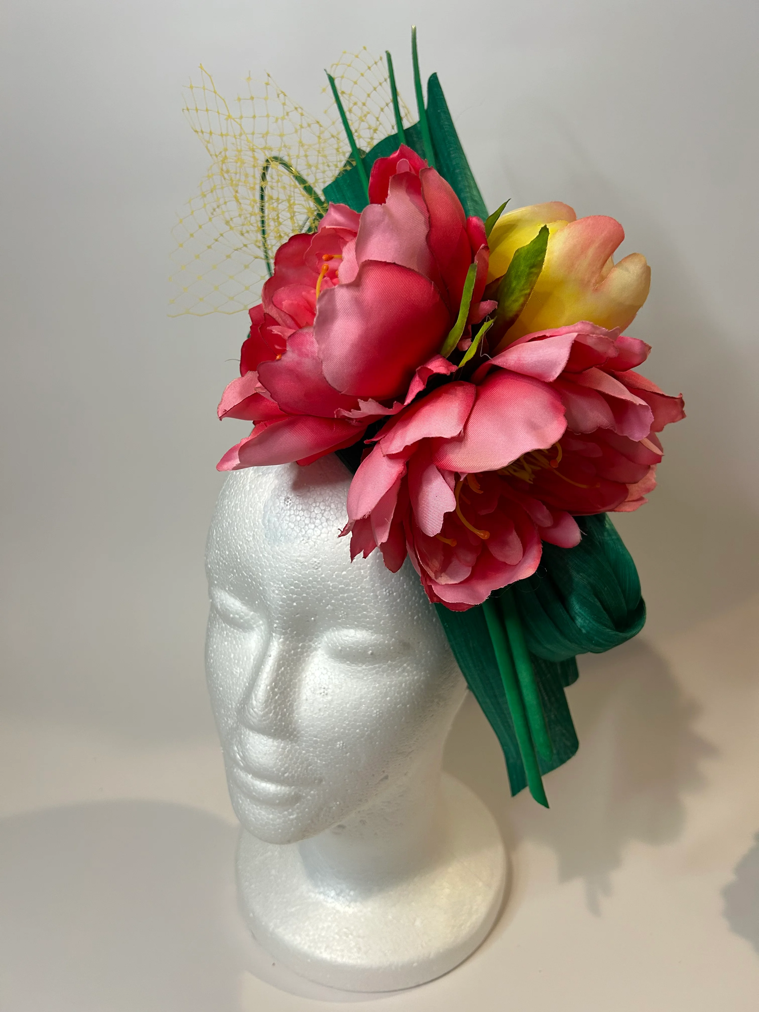 Pink Fascinator Headband with Peony, Green Leaves, and Netting — handmade in Louisville, KY
