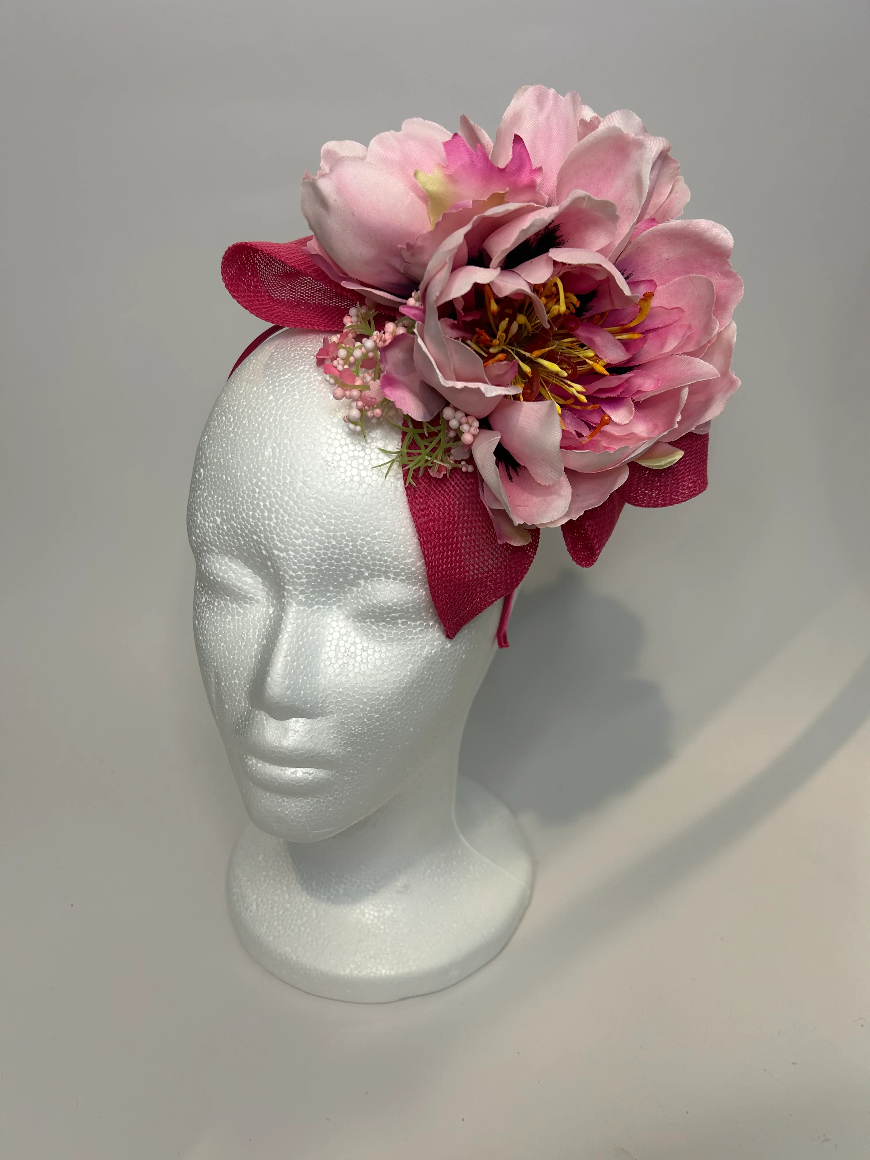 Pink Fascinator Headband with Peony and Burgundy Sinamay — handmade in Louisville, KY
