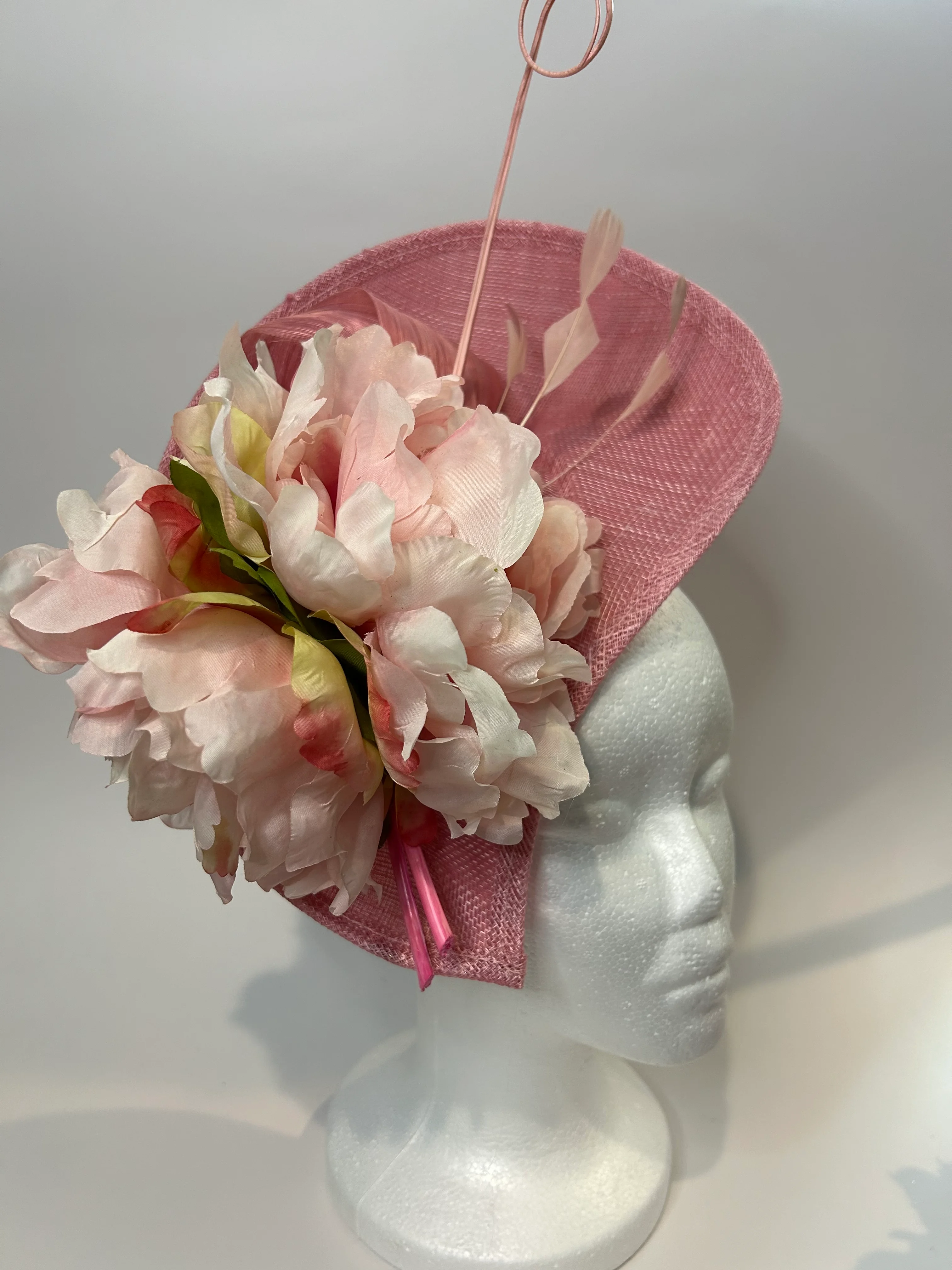 Pink Large Derby Hat with Peony Bouquet and Spiral Quill — handmade in Louisville, KY