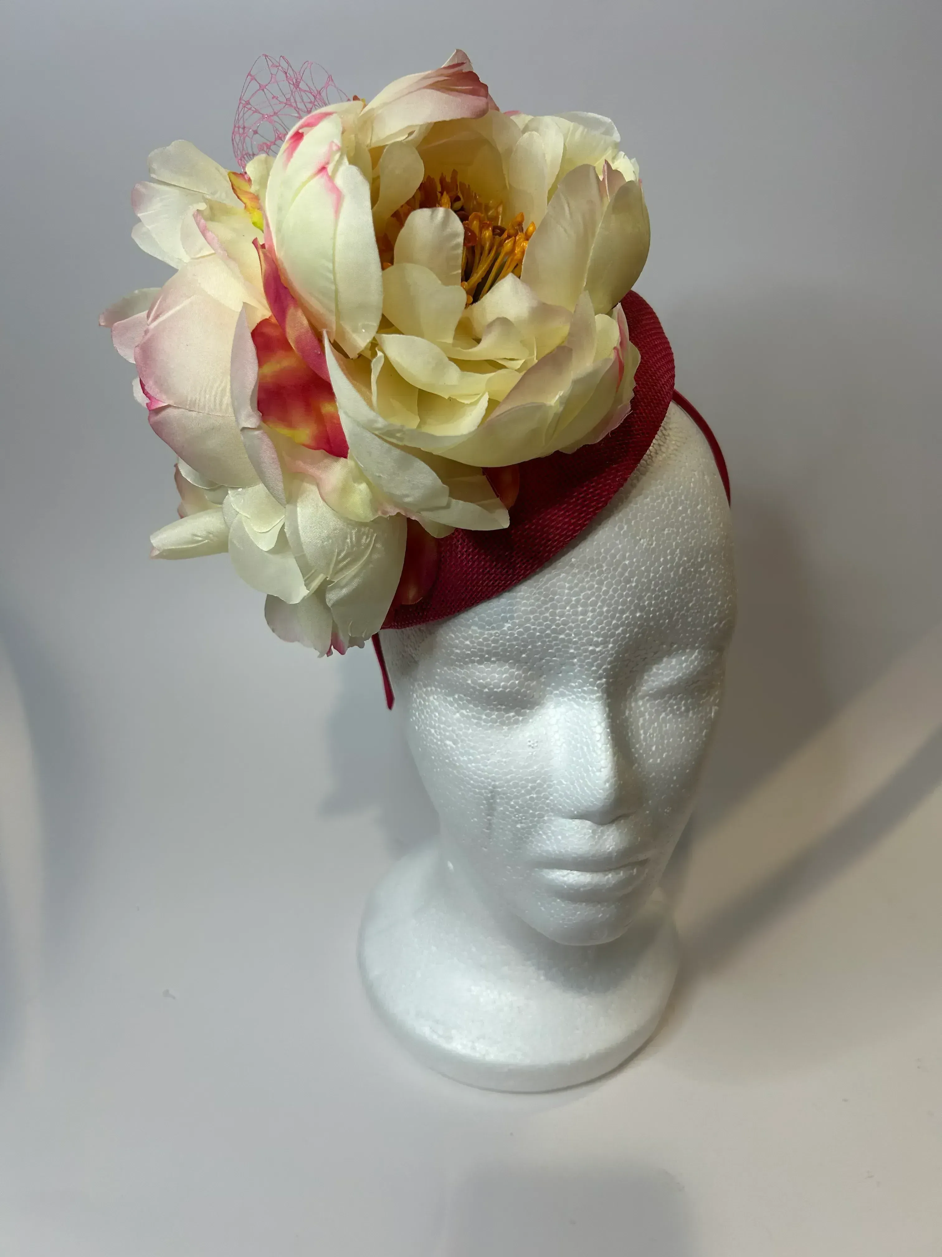 Pink Pillbox Fascinator Hat with Ivory Peony — handmade in Louisville, KY