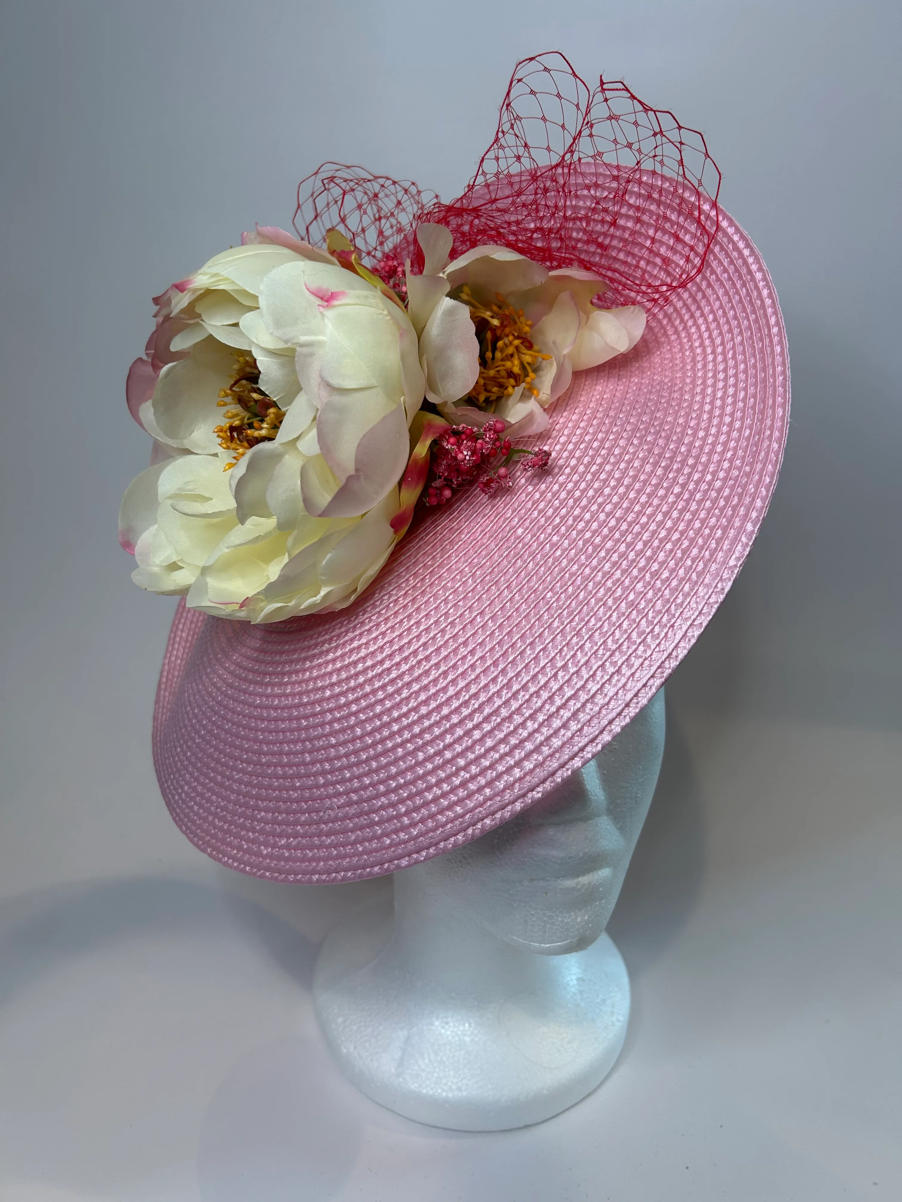 Pink Saucer Fascinator Hat with Cream Peony and Netting — handmade in Louisville, KY