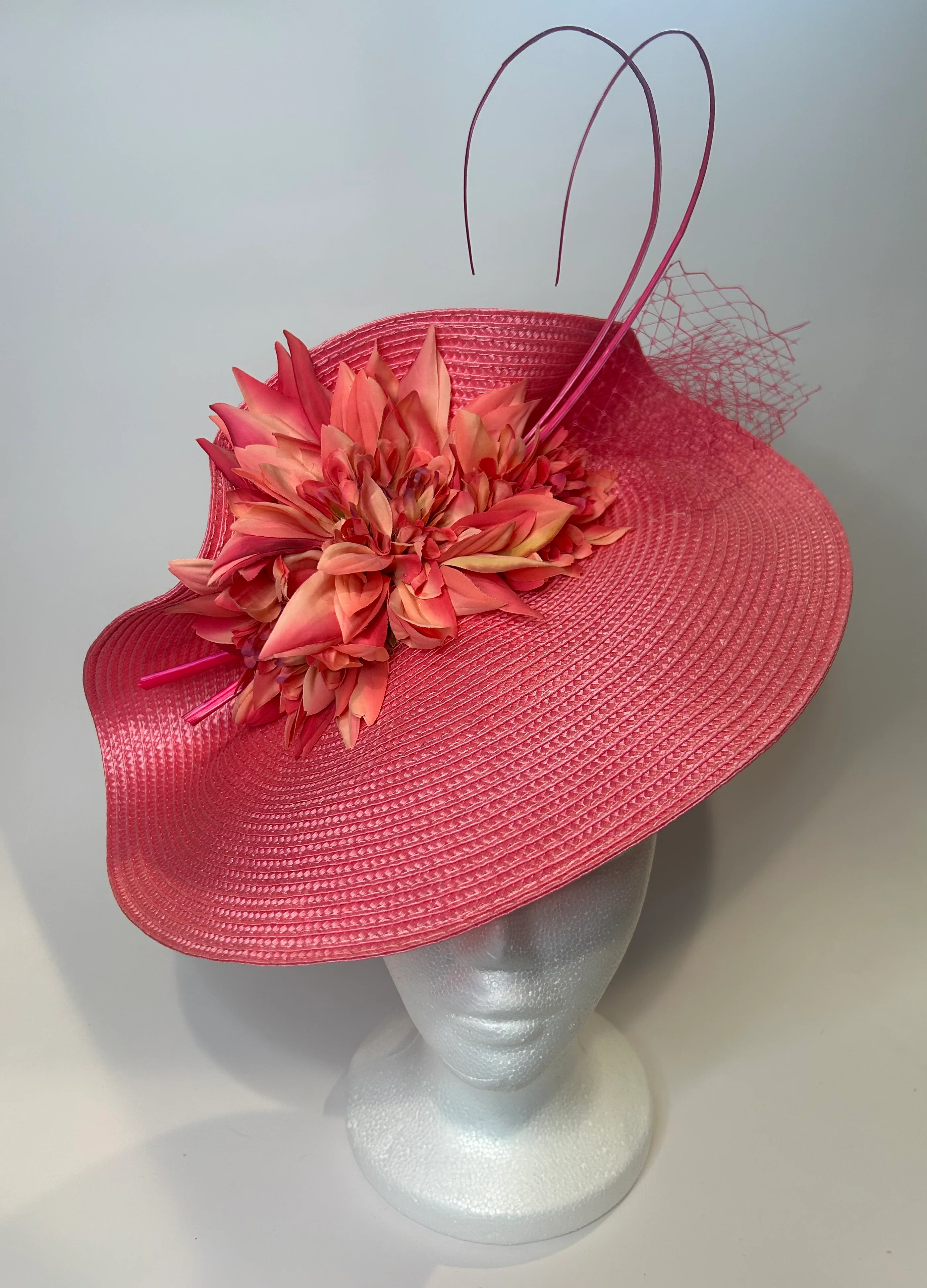 Pink Saucer Fascinator Hat with Dahlia and Netting — handmade in Louisville, KY