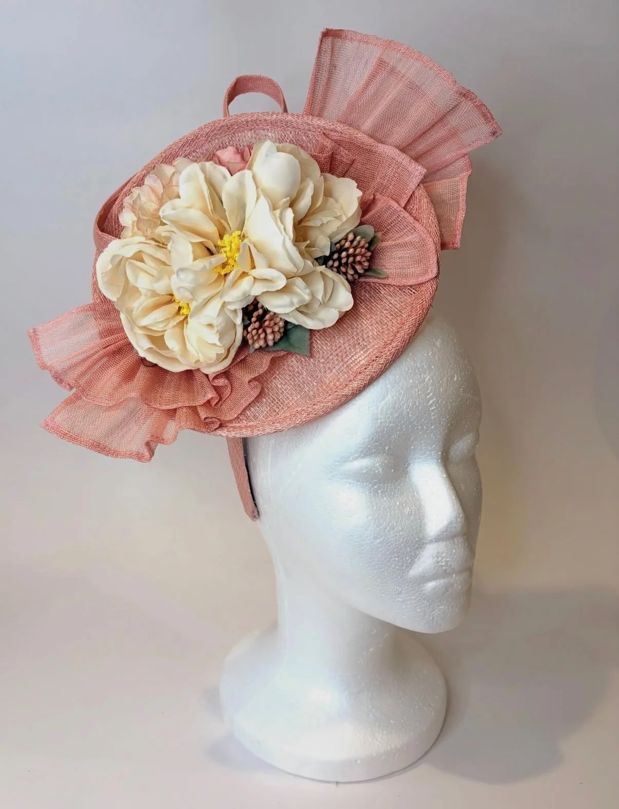 Kentucky Derby Oaks Cream and Pink Fascinator Feathers + Netting Pink Kentucky Derby & Oaks Fascinator Hat | Feather Floral  main image 2