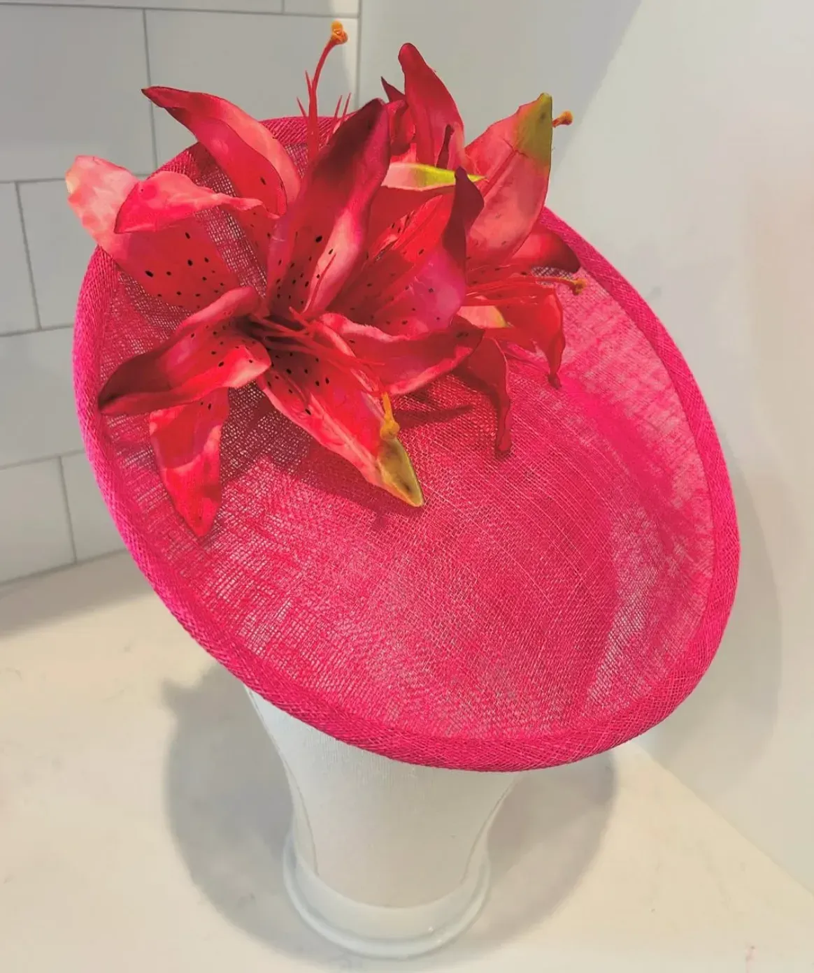 Pink Saucer Derby Hat with Stargazer Lily — handmade in Louisville, KY