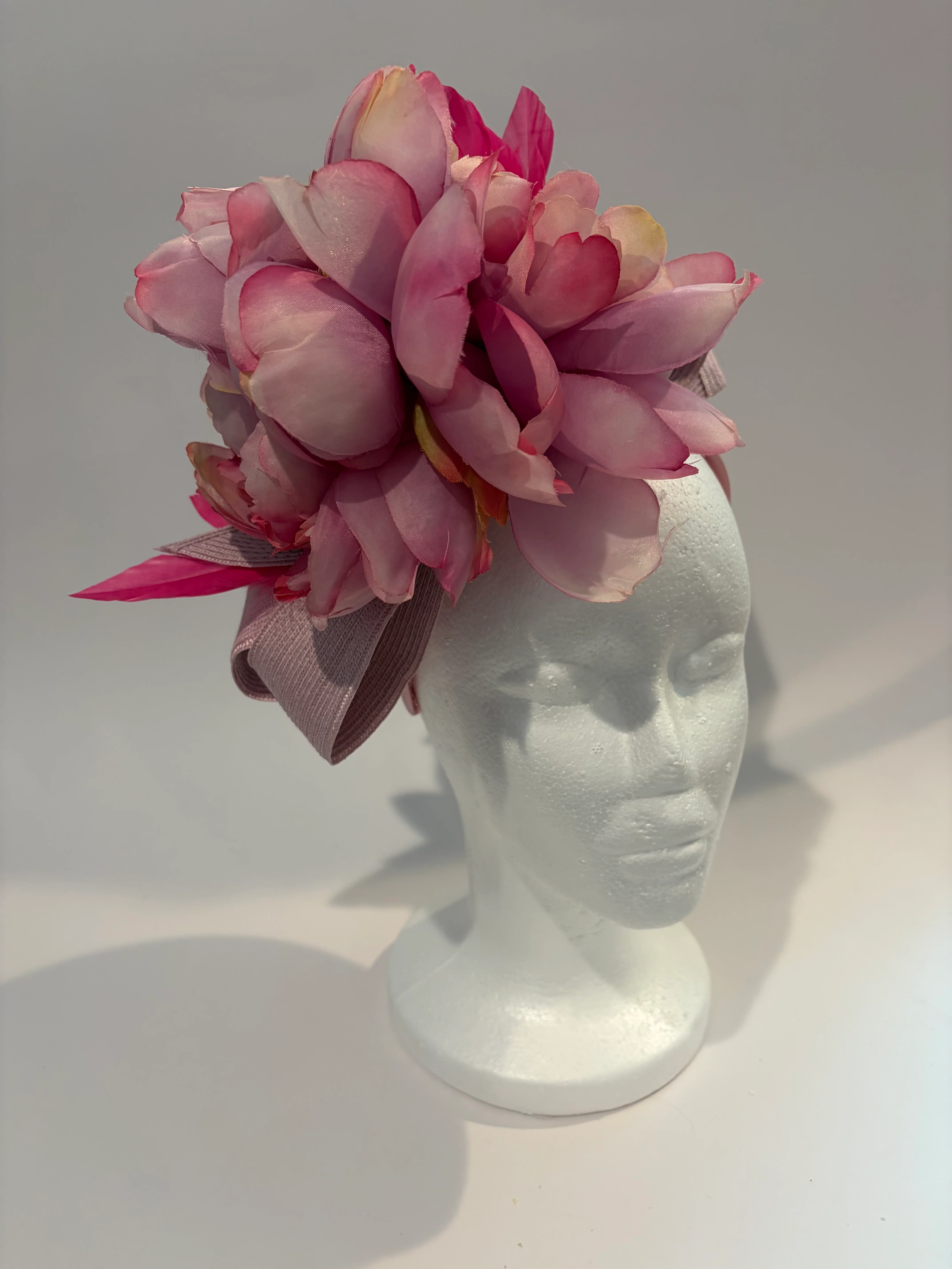 Pink Saucer Fascinator Hat with Magnolia Blooms — handmade in Louisville, KY