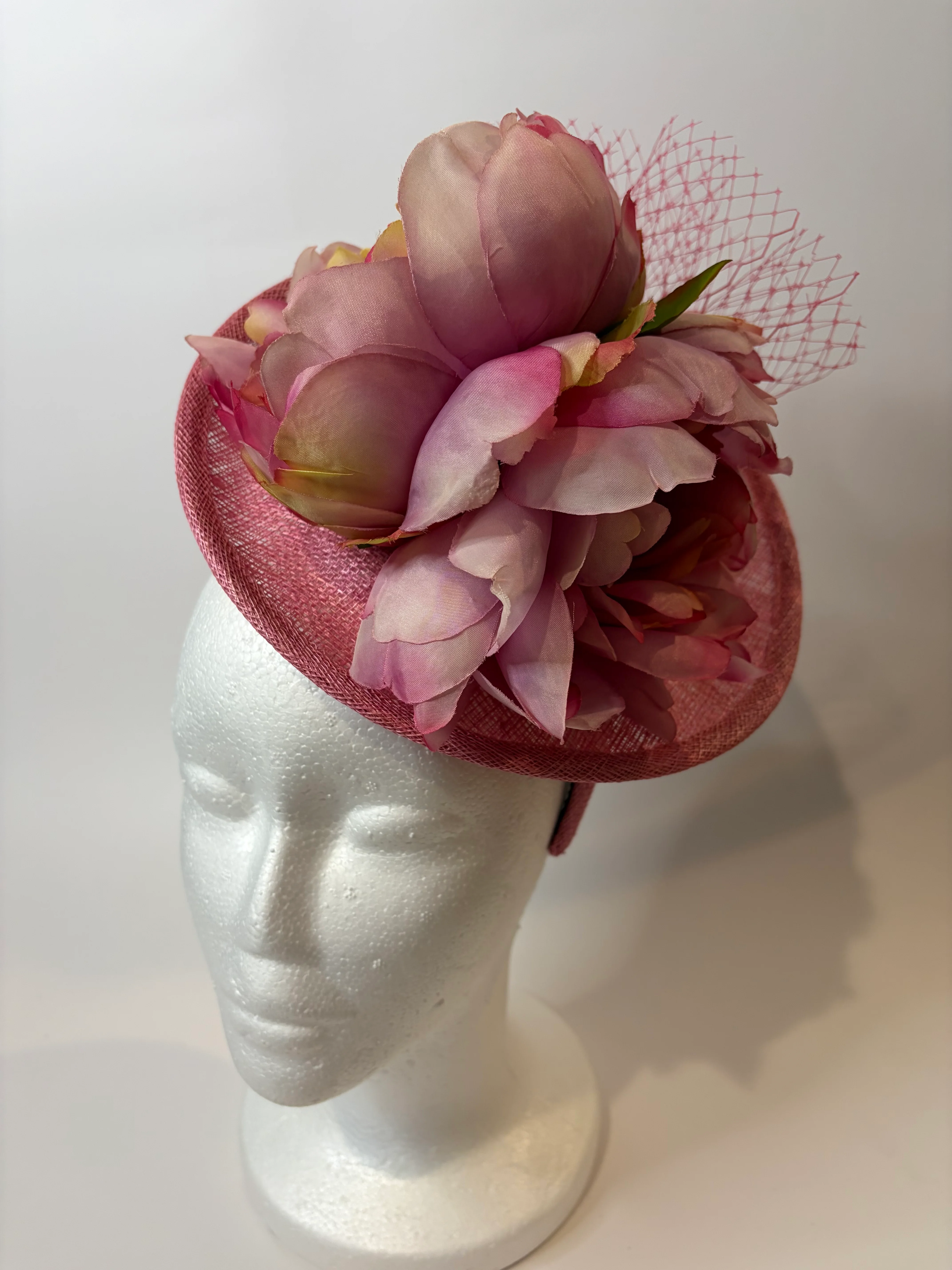 Pink Saucer Derby Hat with Peonies and Netting | Fascinator 