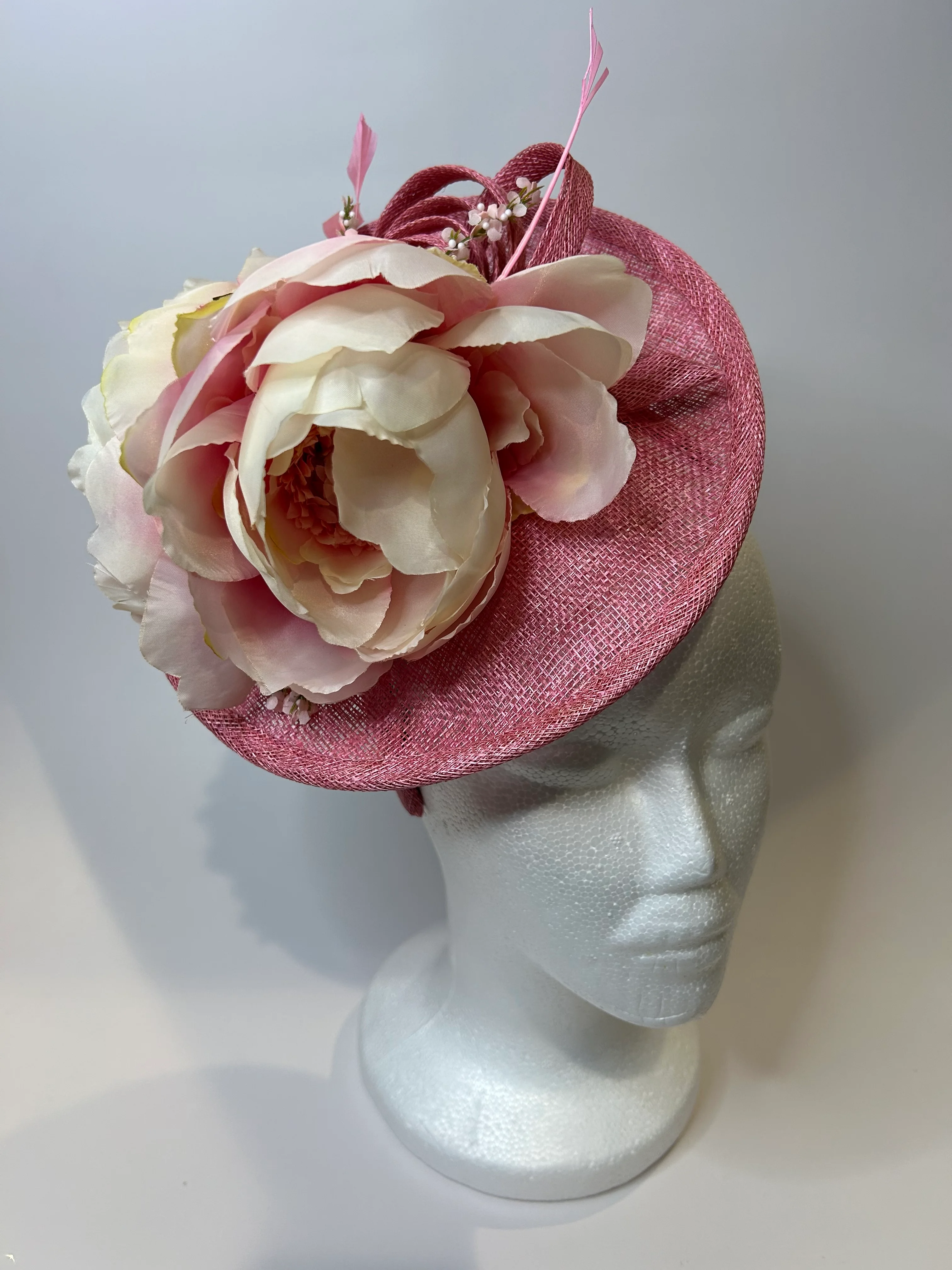 Pink Saucer Fascinator Hat with Blush Peony and Feathers — handmade in Louisville, KY