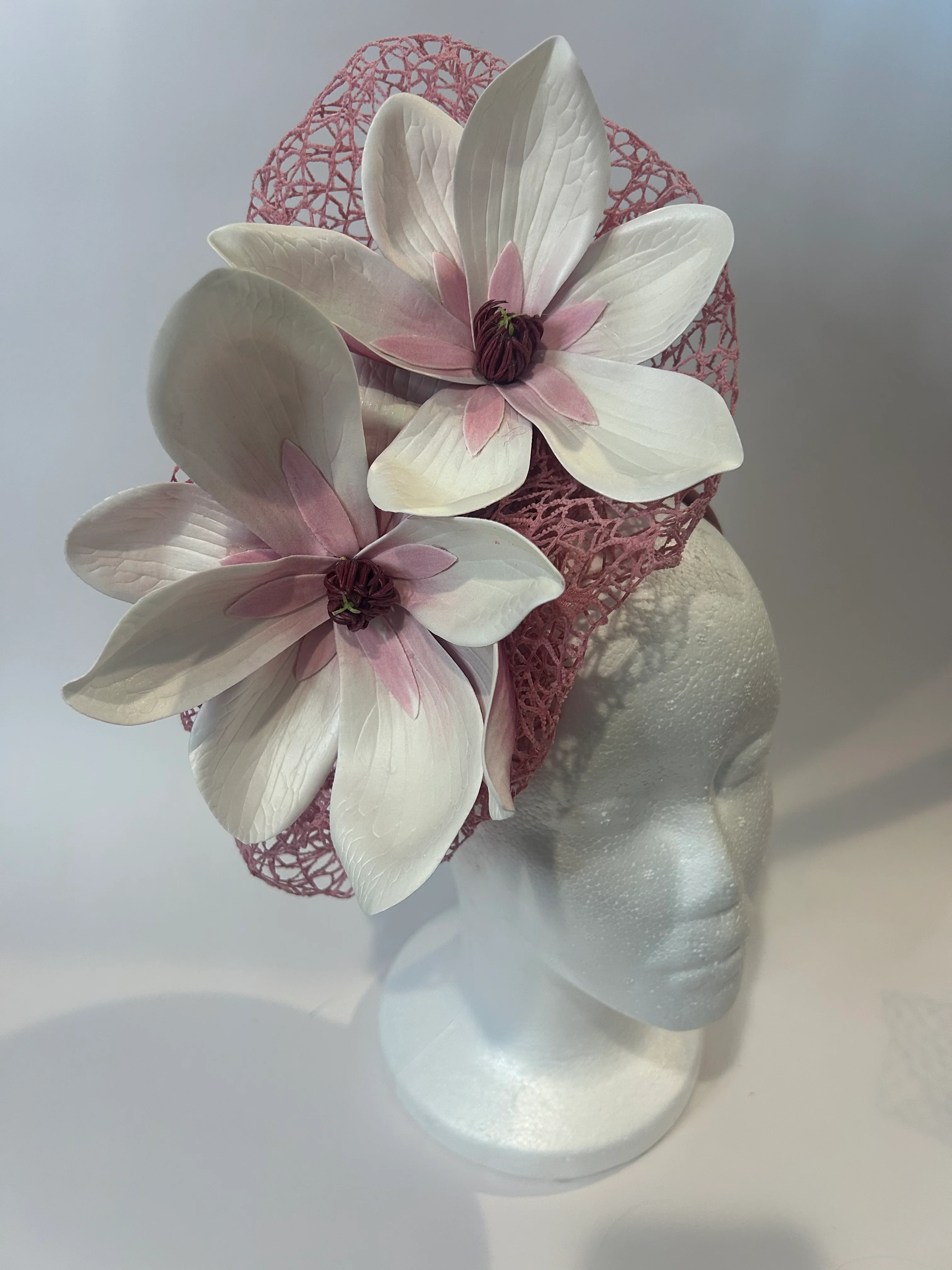 Pink Teardrop Fascinator Hat with Magnolia and Lace — handmade in Louisville, KY