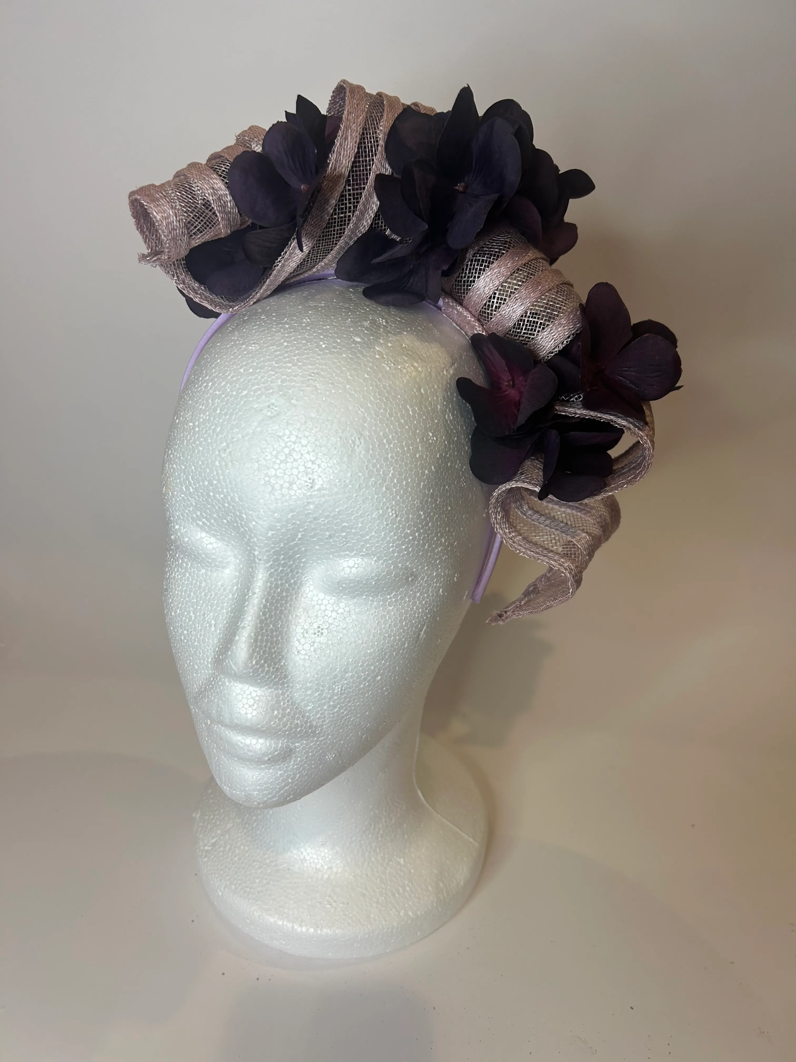 Plum Fascinator Headband with Hydrangea and Sinamay Loops — handmade in Louisville, KY