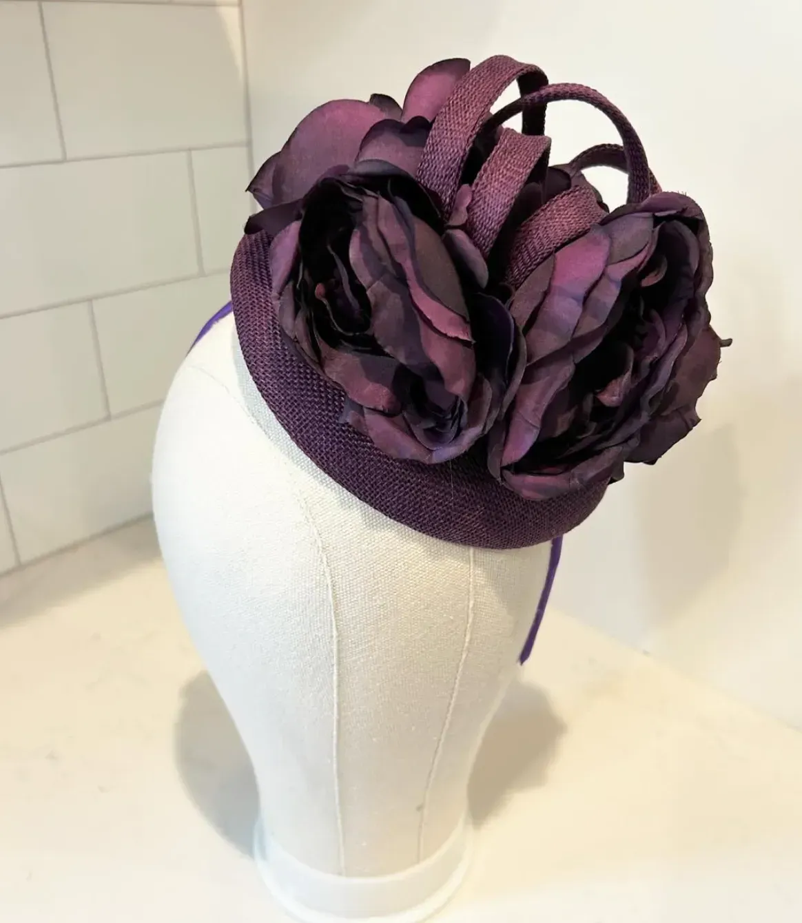 Purple Fascinator Hat with Peonies and Sinamay Curls — handmade in Louisville, KY