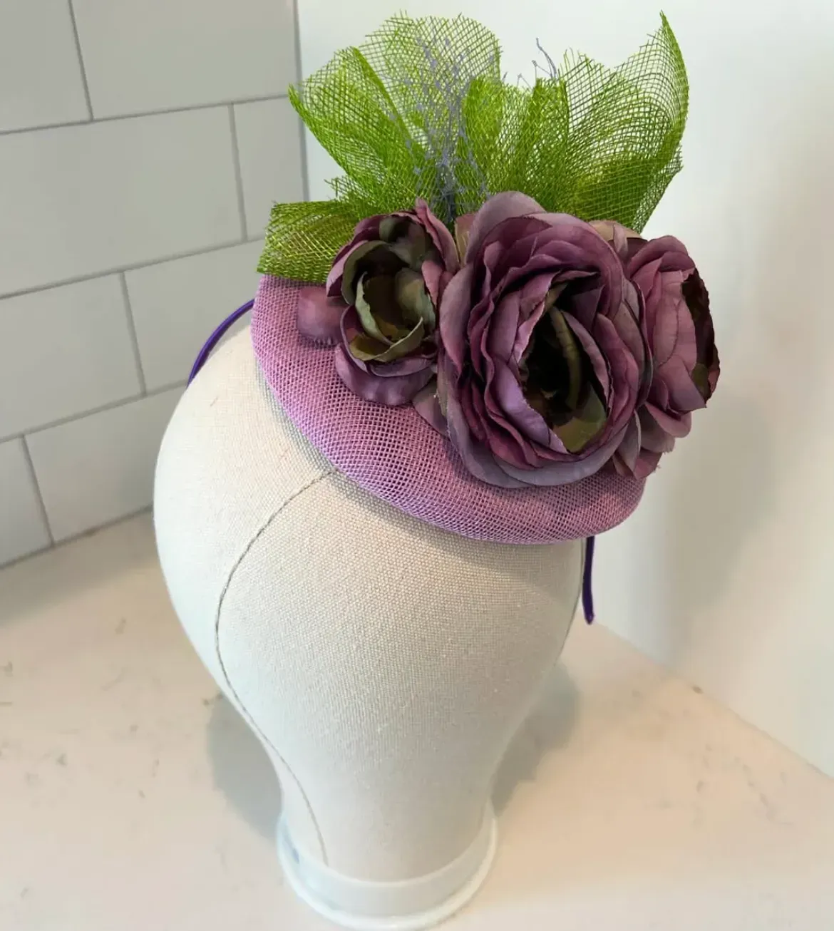 Purple Pillbox Fascinator Hat with Roses and Green Accents — handmade in Louisville, KY