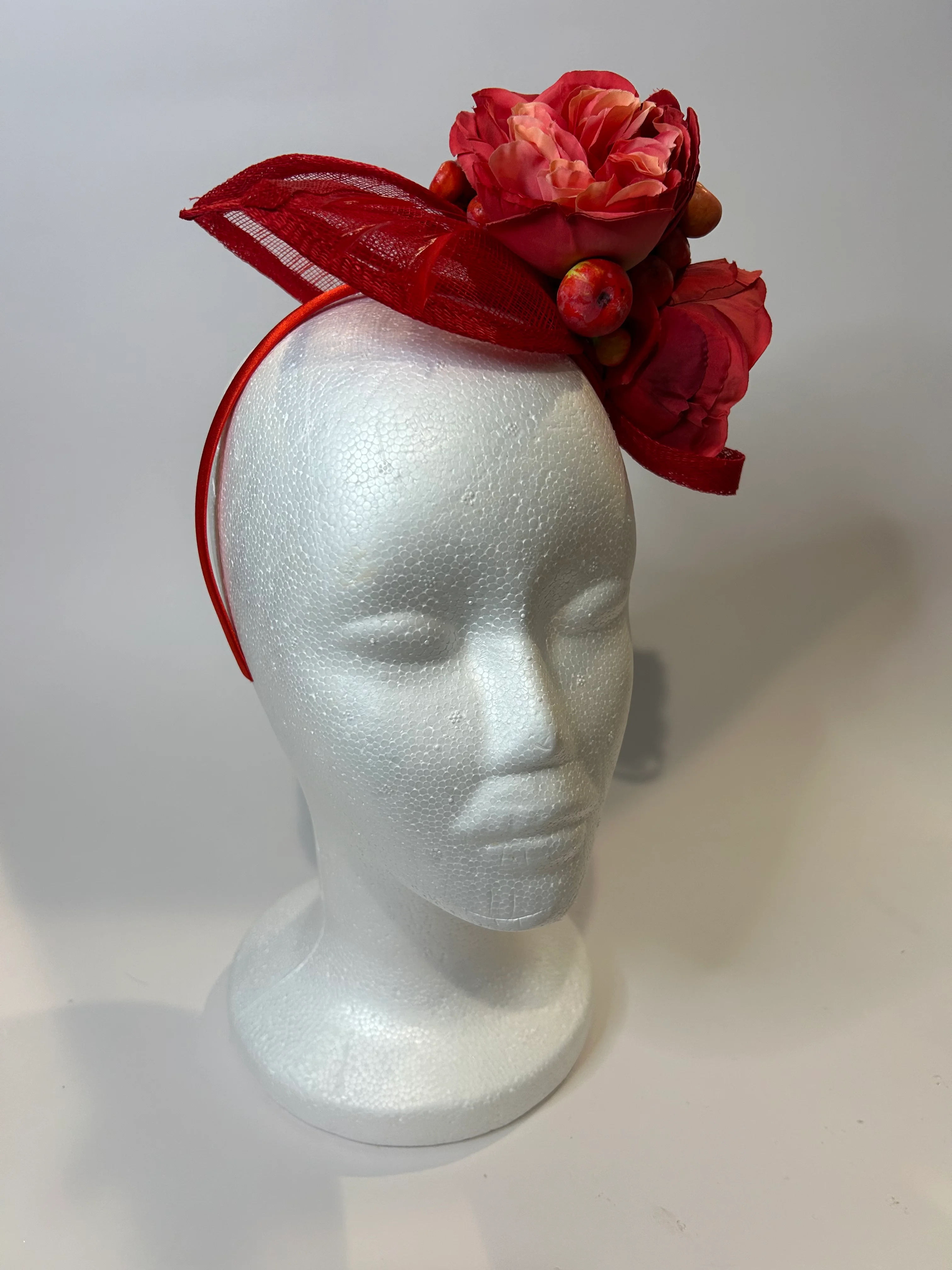 Red Fascinator Headband with Rose Blooms and Berry Accents — handmade in Louisville, KY