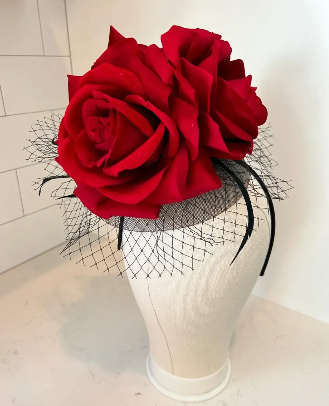 Red Fascinator Headband with Roses and Black Netting — handmade in Louisville, KY