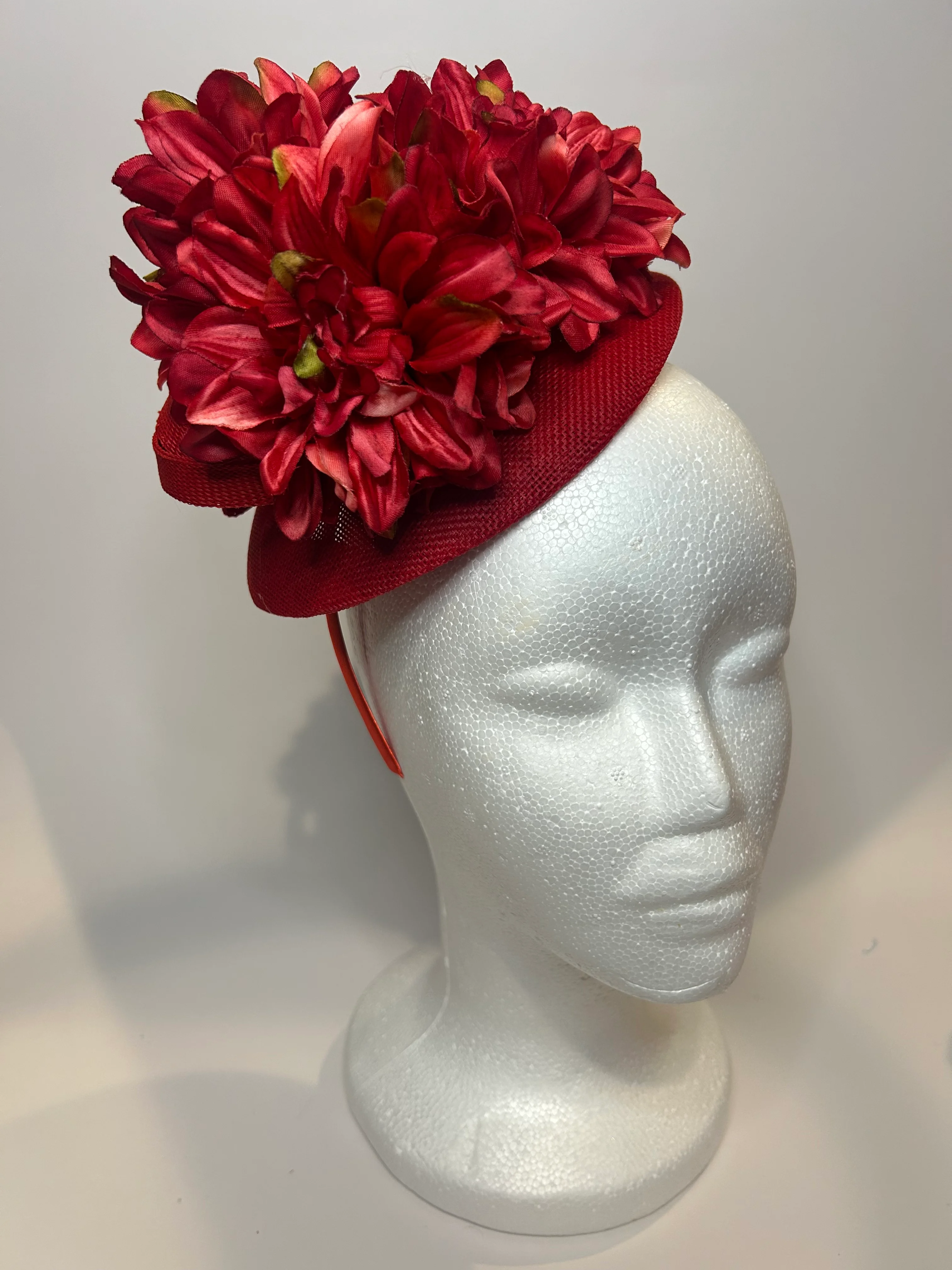 Red Pillbox Fascinator Hat with Dahlia Blooms — handmade in Louisville, KY