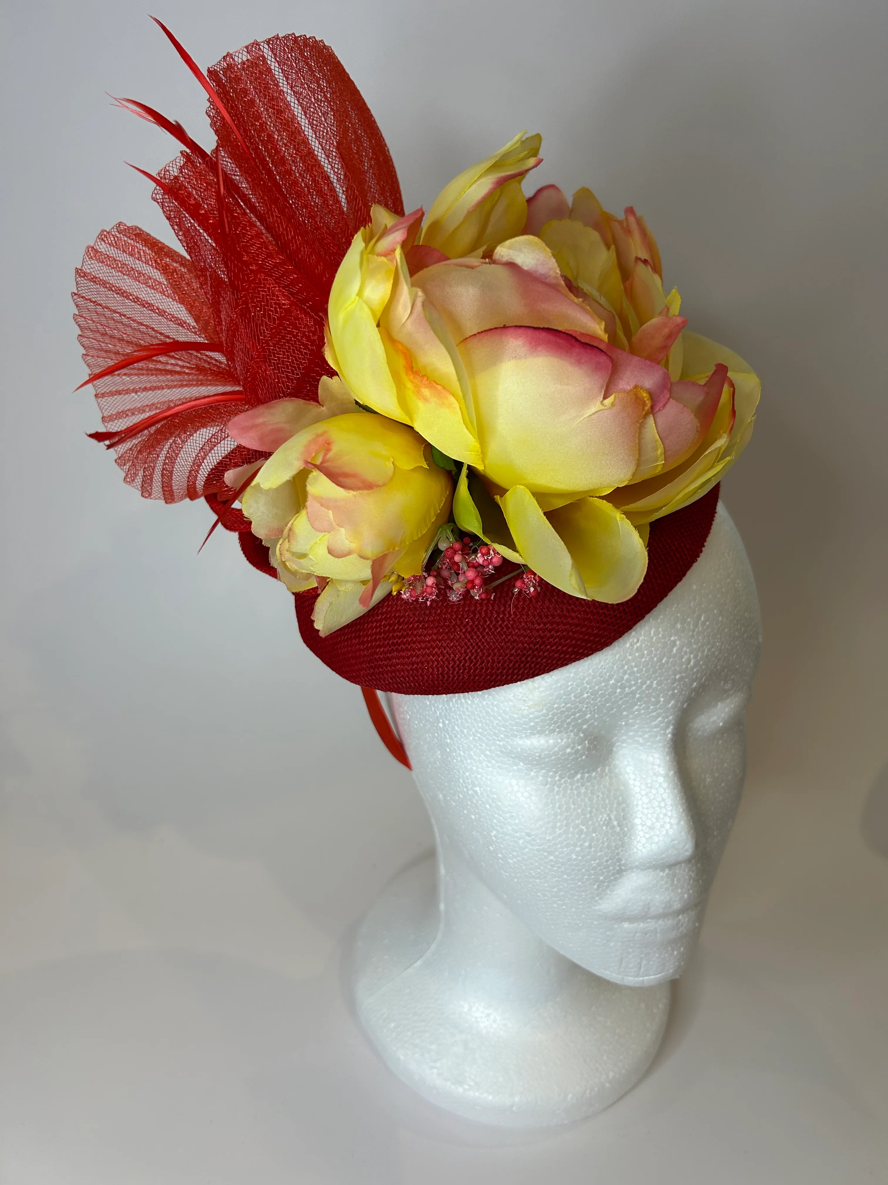 Red Pillbox Fascinator Hat with Yellow Peony and Fan — handmade in Louisville, KY