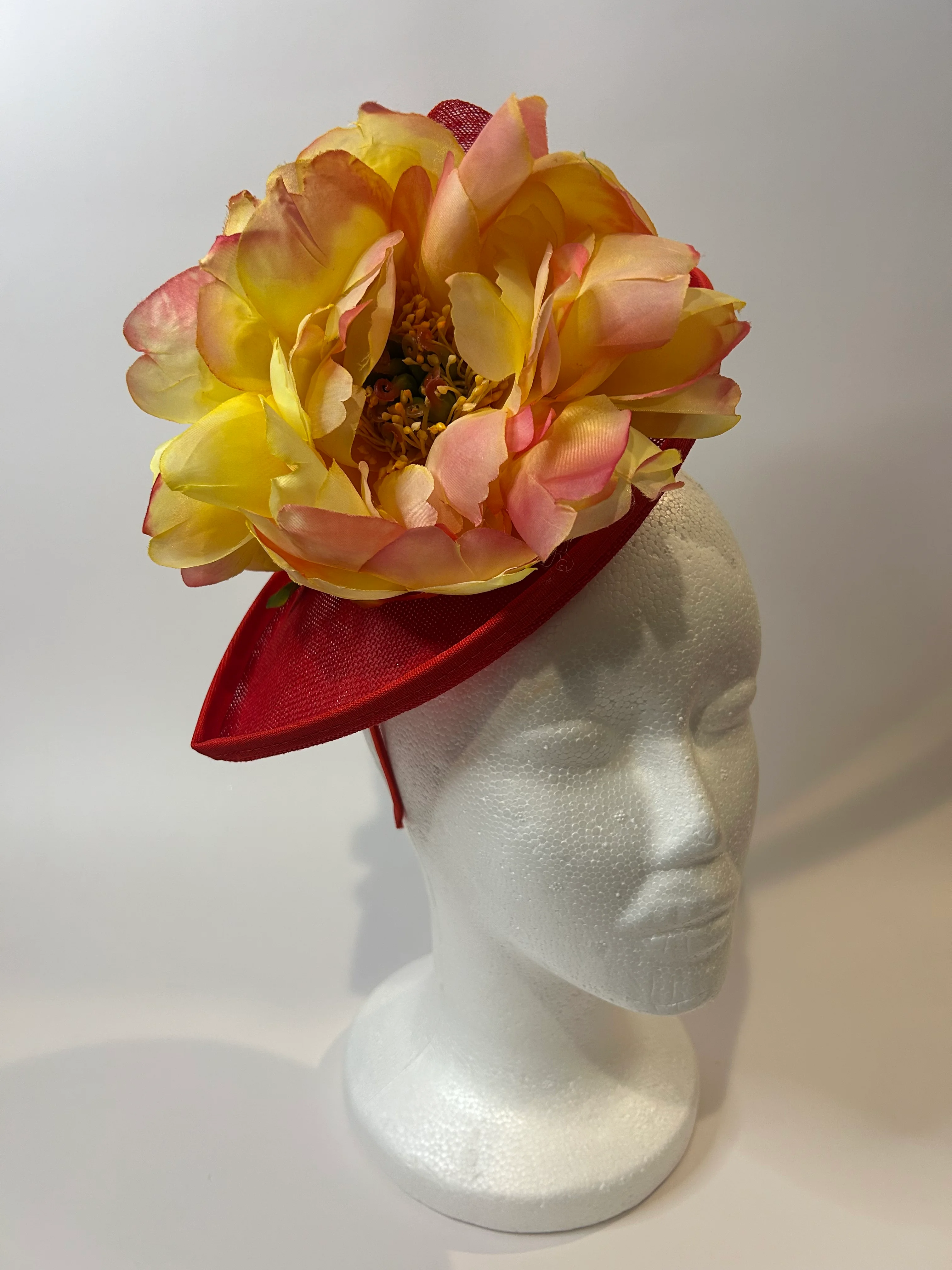 Red Teardrop Fascinator Hat with Peony Bloom — handmade in Louisville, KY