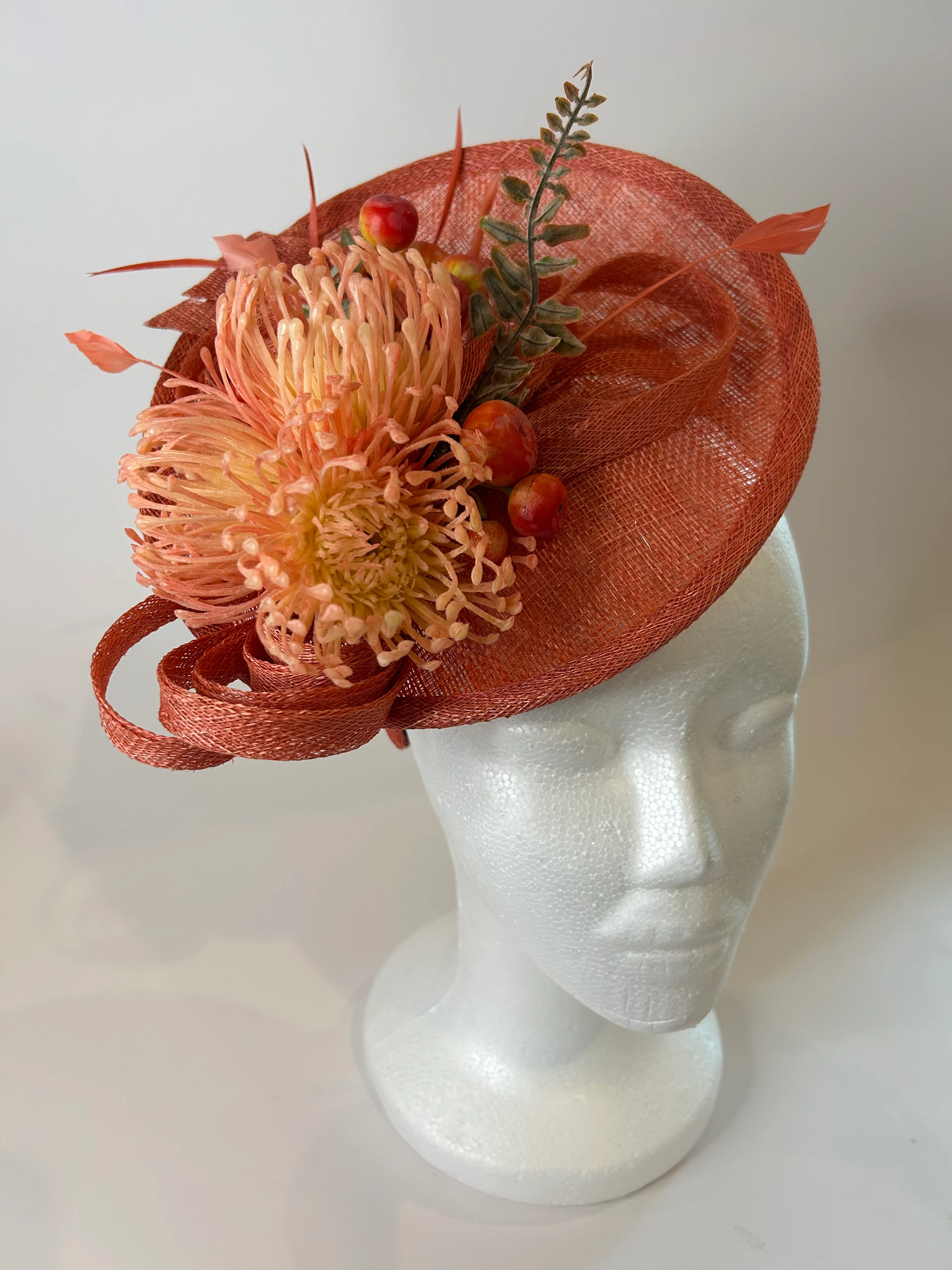 Rust Saucer Fascinator Hat with Protea and Berries — handmade in Louisville, KY