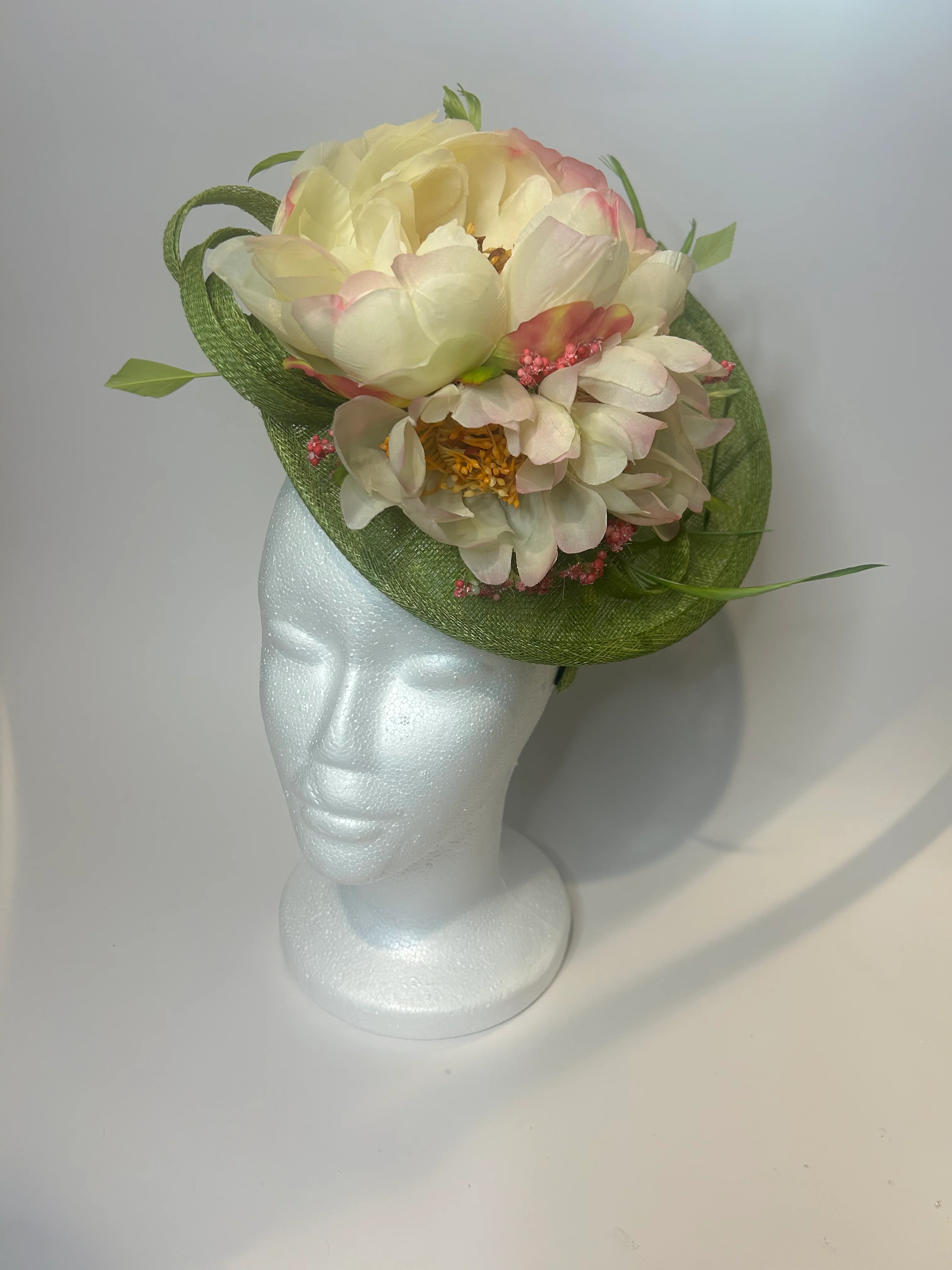 Sage Saucer Derby Hat with Ivory Peony and Pink Berries — handmade in Louisville, KY