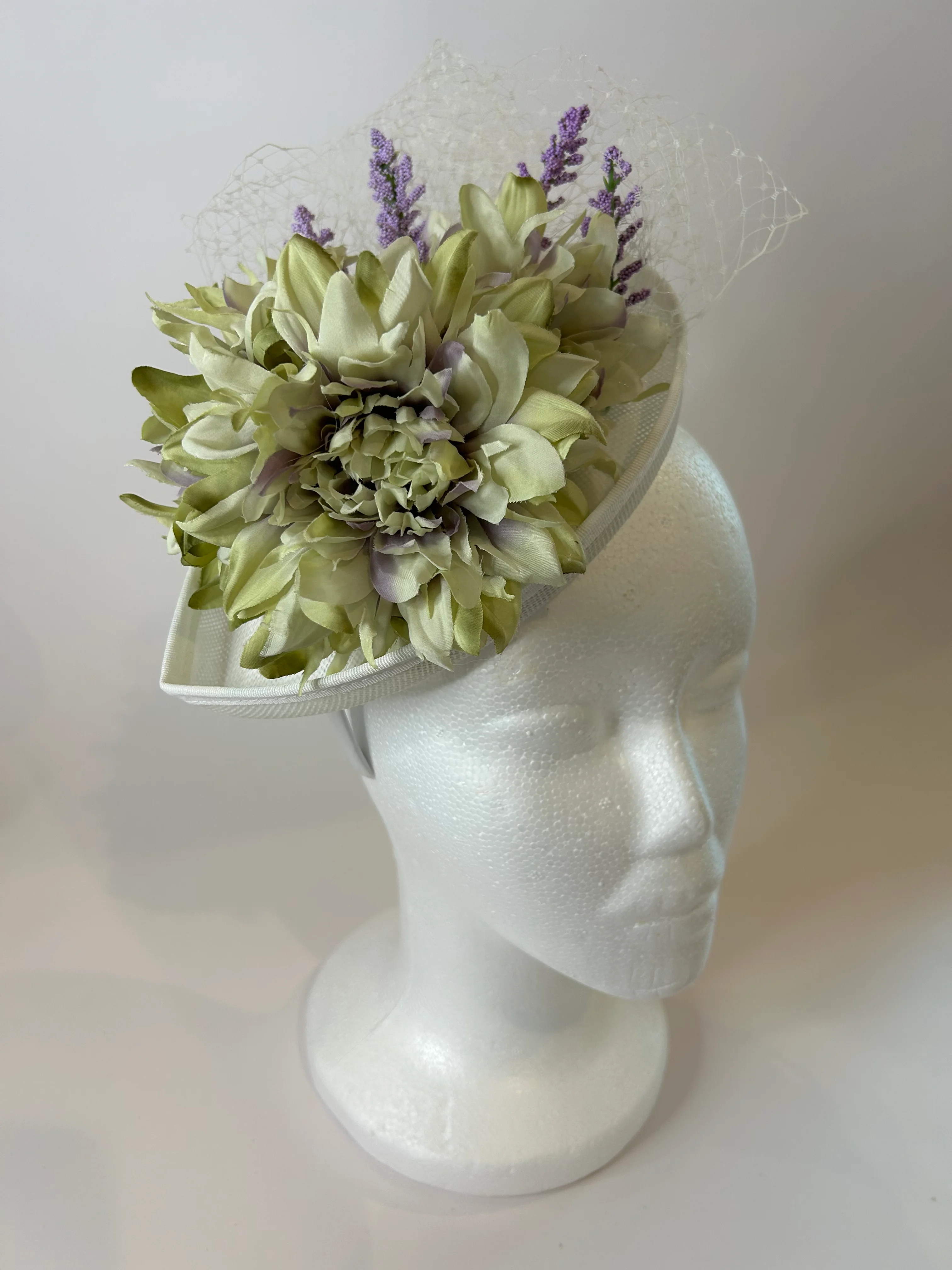 Sage Teardrop Fascinator Hat with Dahlia and Lavender — handmade in Louisville, KY
