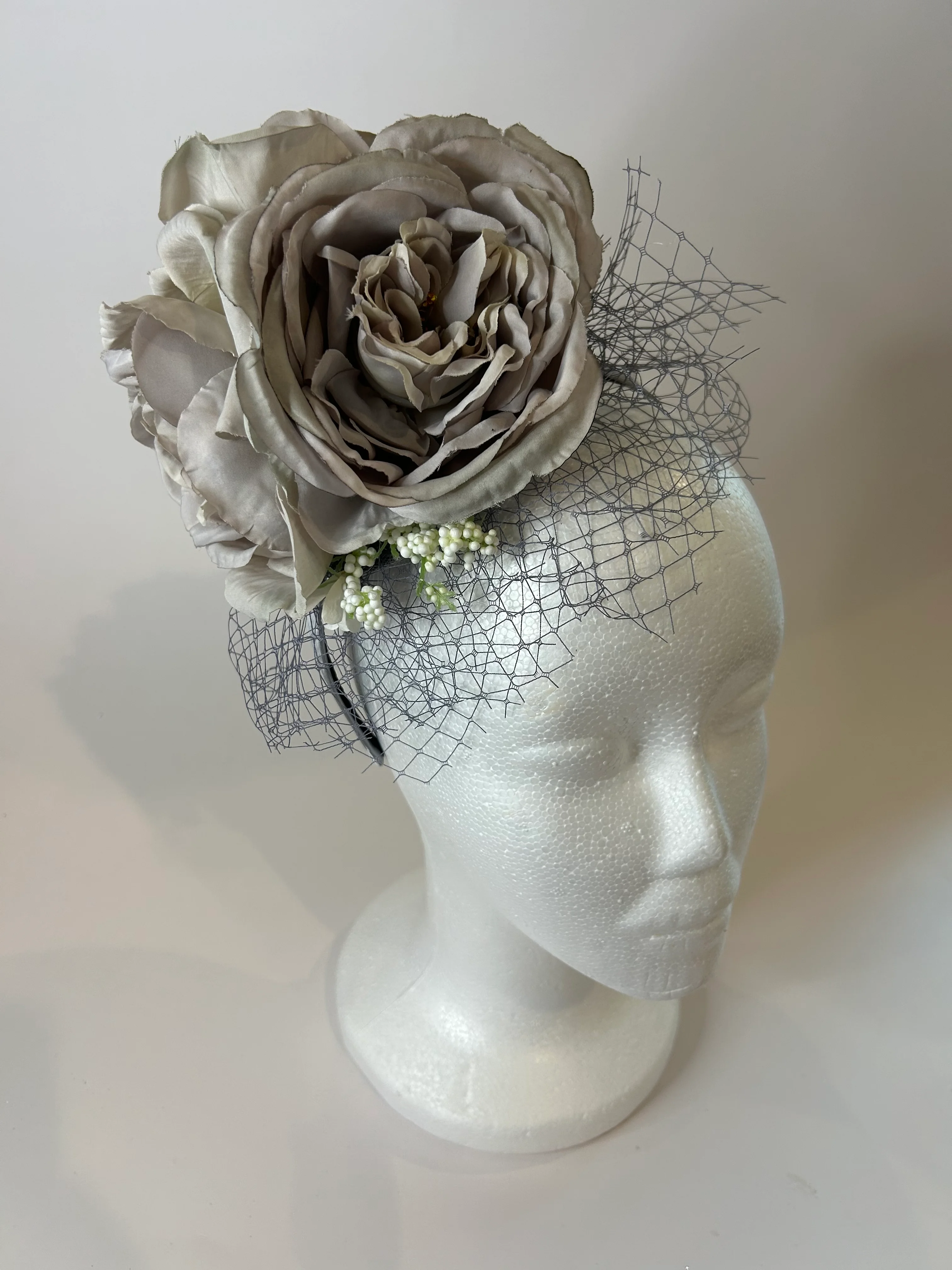 Silver Fascinator Headband with Roses and Netting — handmade in Louisville, KY