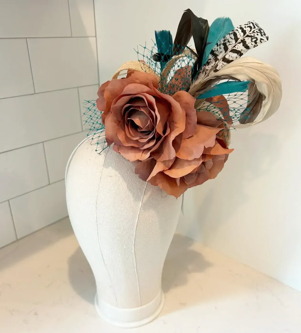 Tan Fascinator Headband with Rose and Teal Feathers — handmade in Louisville, KY