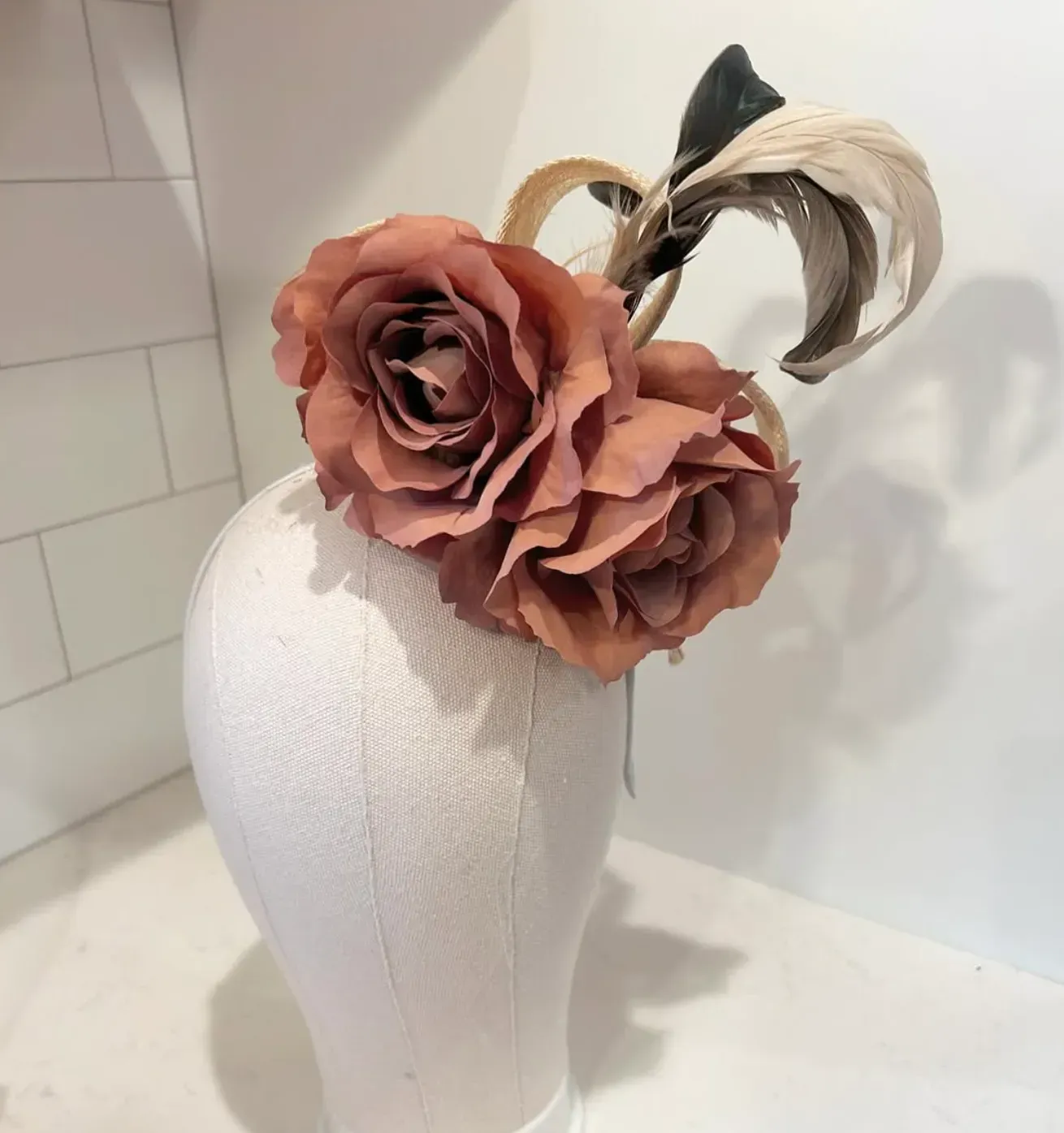 Tan Fascinator Headband with Roses and Feathers — handmade in Louisville, KY