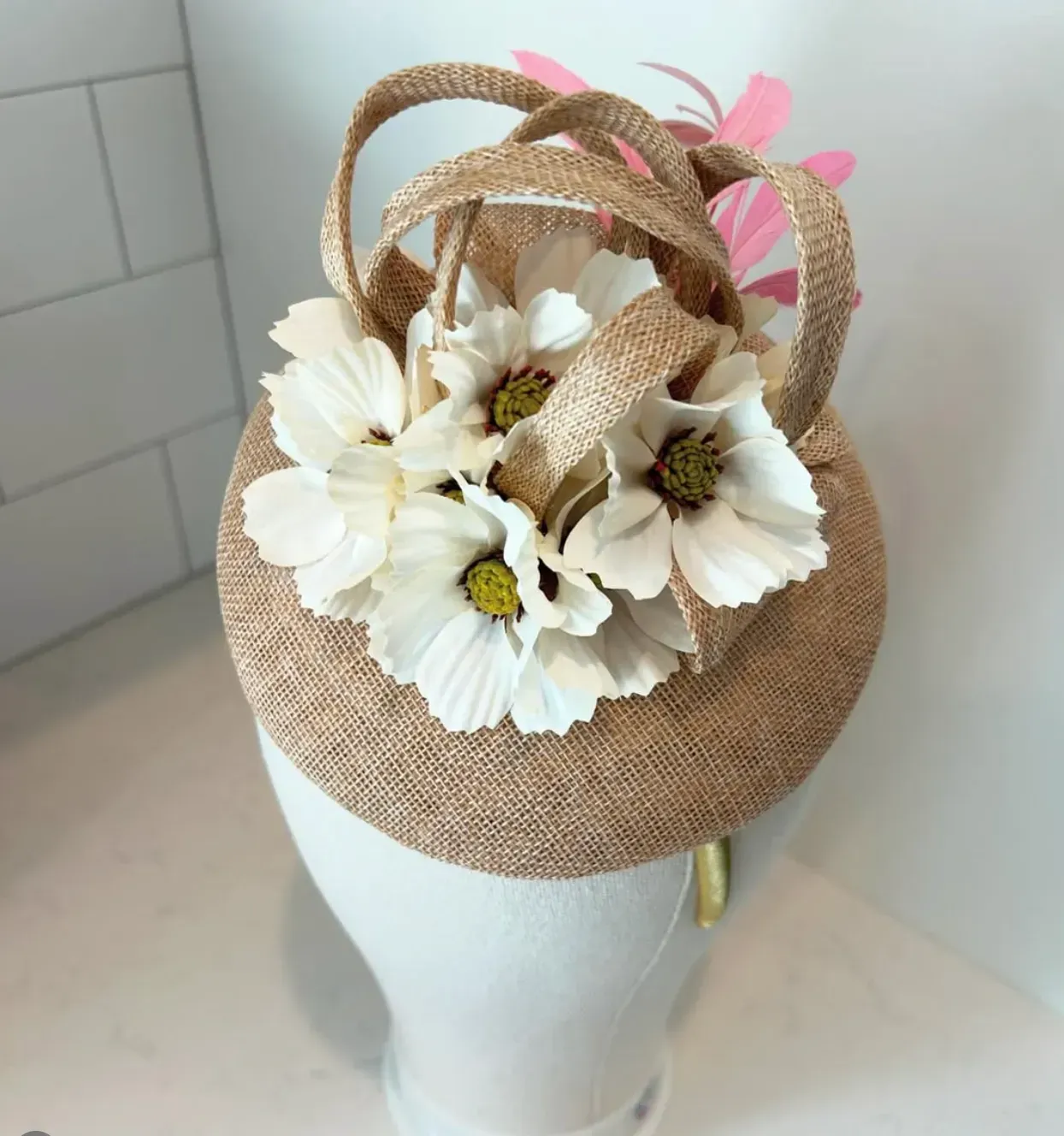 Tan Pillbox Fascinator Hat with Cosmos and Pink Feathers — handmade in Louisville, KY