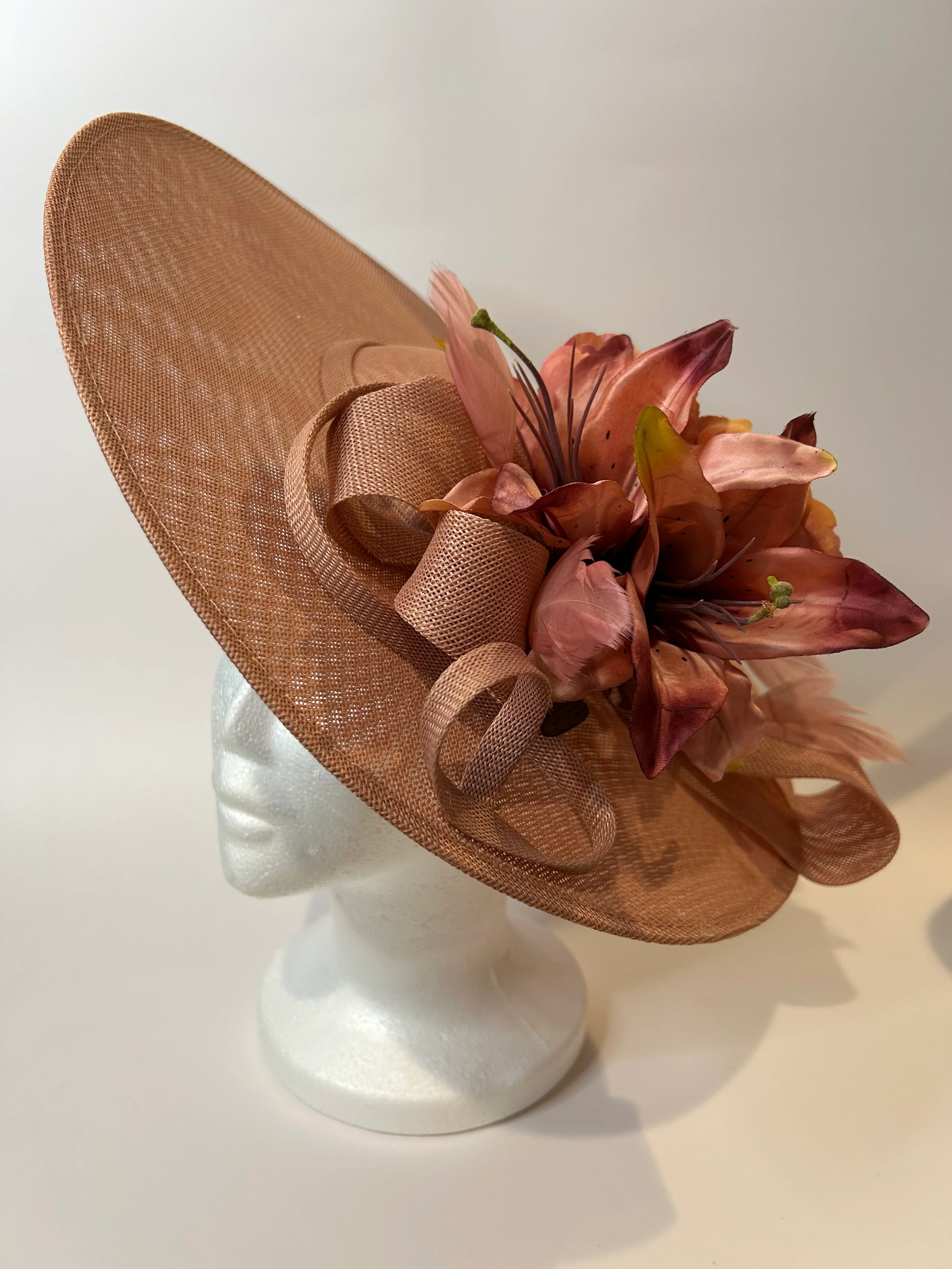 Taupe Large Derby Hat with Lily and Curls — handmade in Louisville, KY