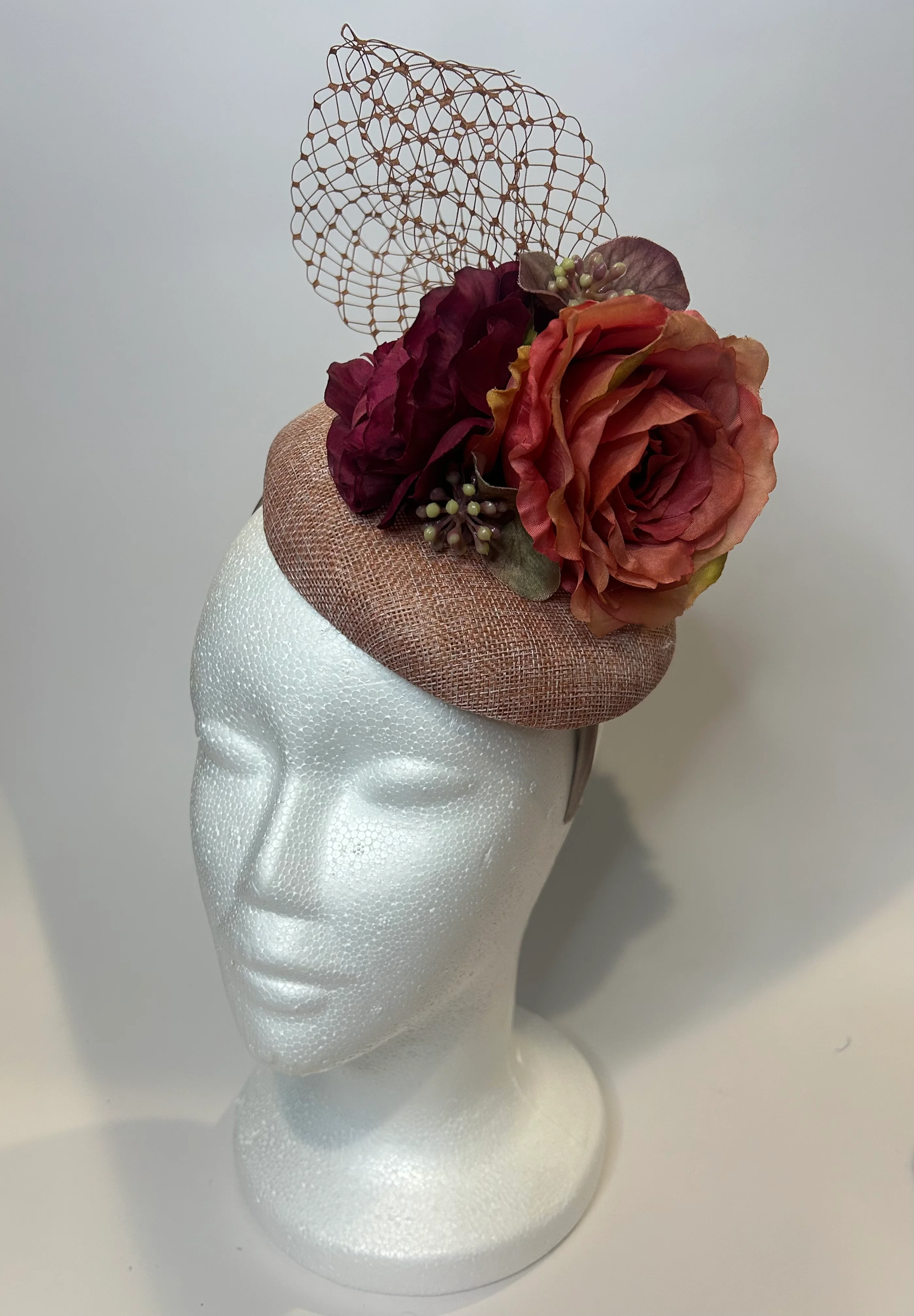 Taupe Pillbox Fascinator Hat with Rose and Netting — handmade in Louisville, KY