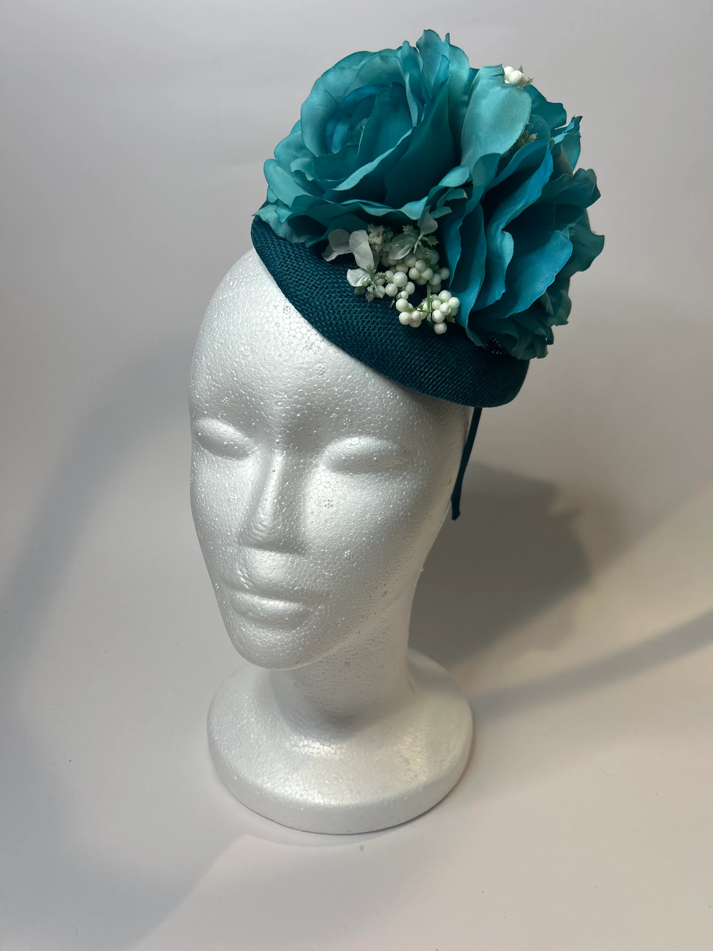 Teal Pillbox Fascinator Hat with Roses and White Berries — handmade in Louisville, KY