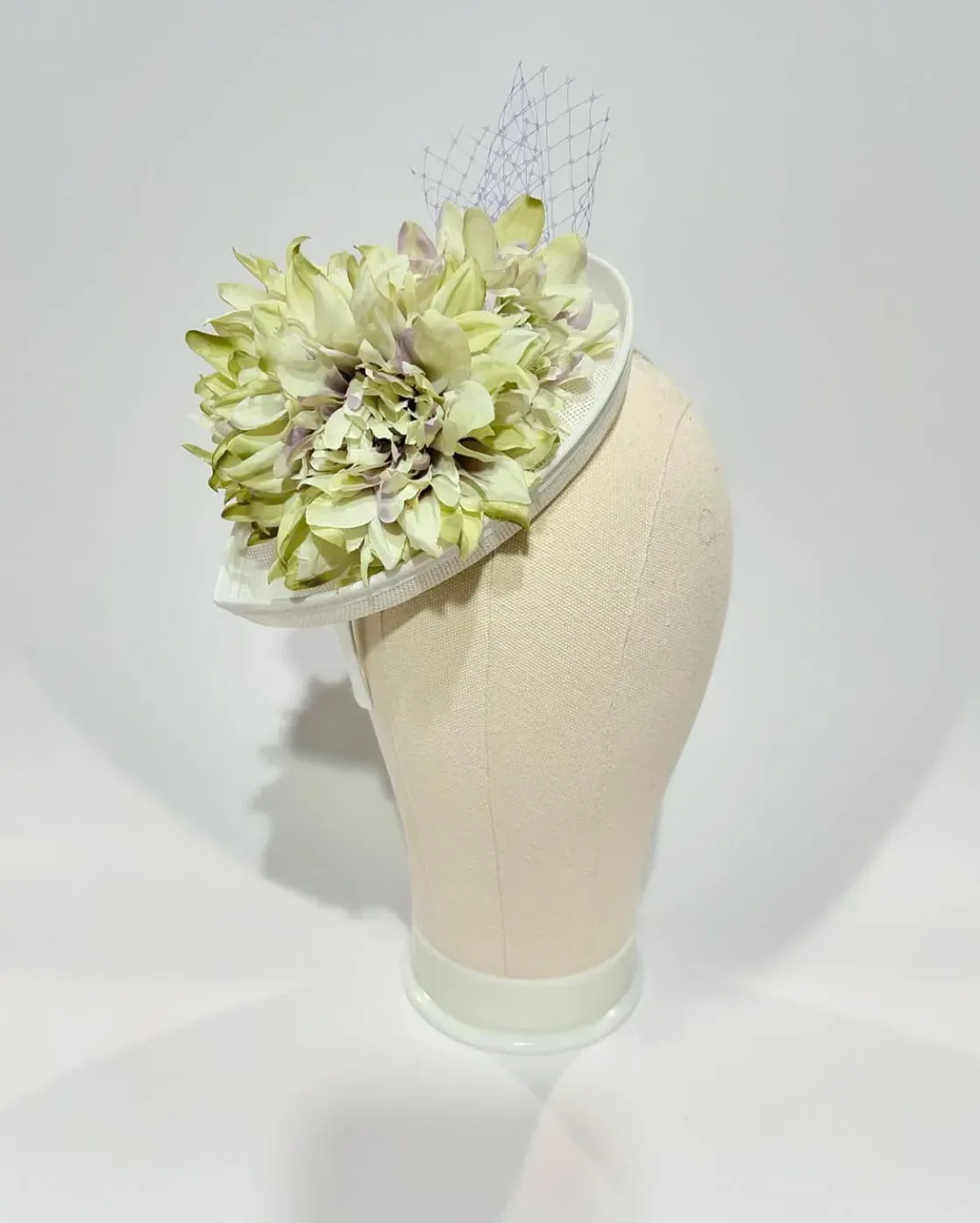 White Pillbox Fascinator Hat with Green Dahlia and Netting — handmade in Louisville, KY