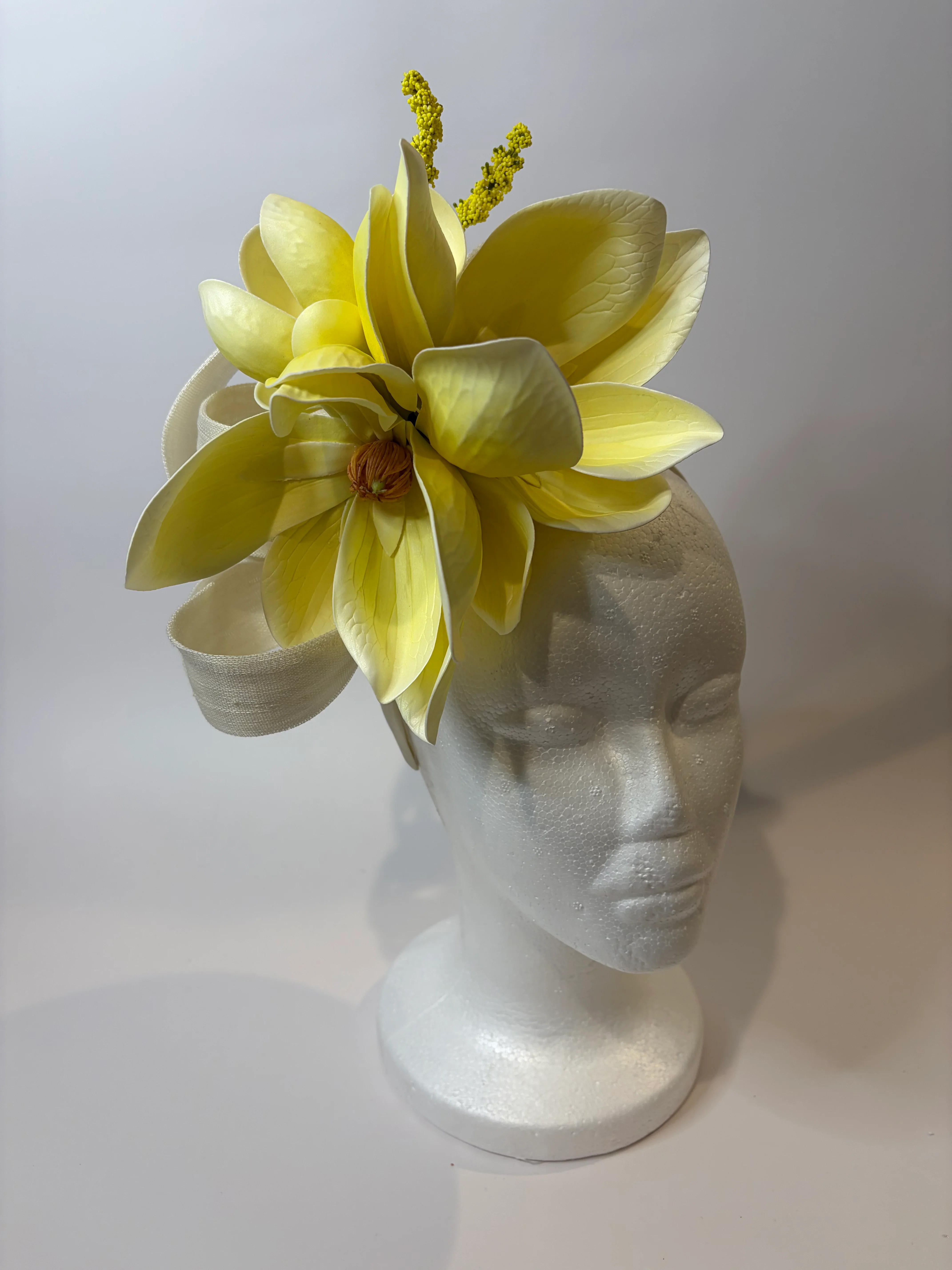Yellow Fascinator Headband with Magnolia Bloom — handmade in Louisville, KY
