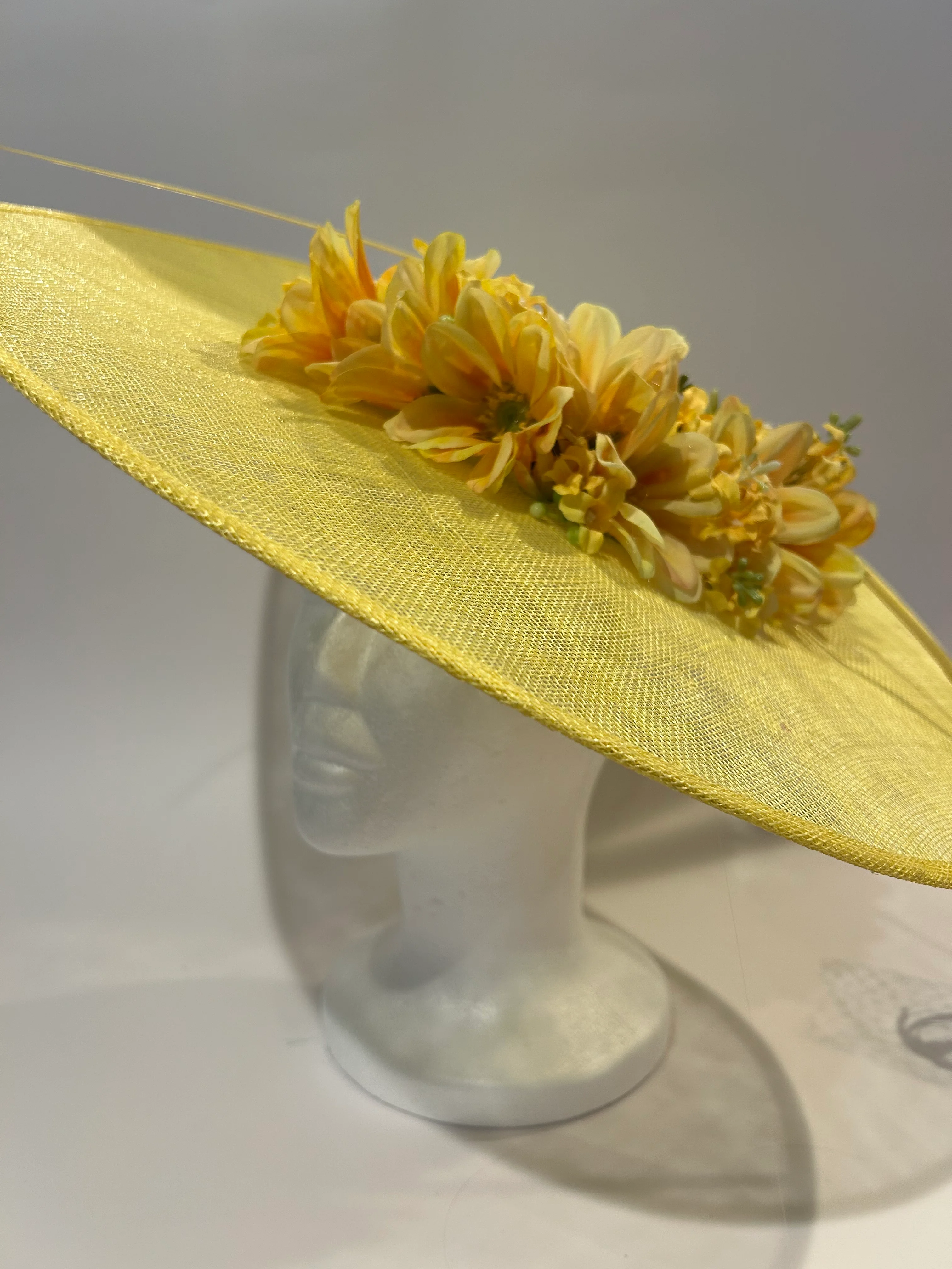 Yellow Large Derby Hat with Dahlia Blooms and Quill — handmade in Louisville, KY